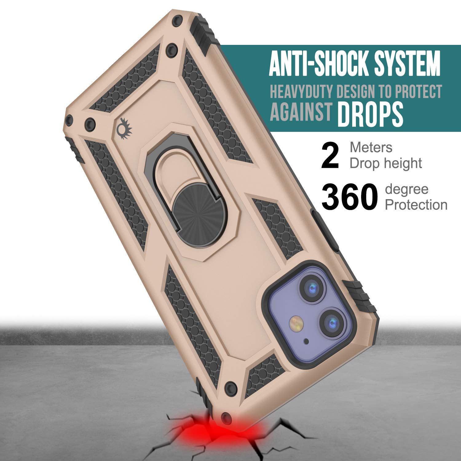 PunkCase for iPhone 11 (6.1 Inch) - Military Grade Protective Case with Metal Ring Grip & Kickstand | Shockproof Dual Layer ArmorShield Series | Full Body Protection | Gold | Perfect for Outdoor Activities, Travel & Daily Use