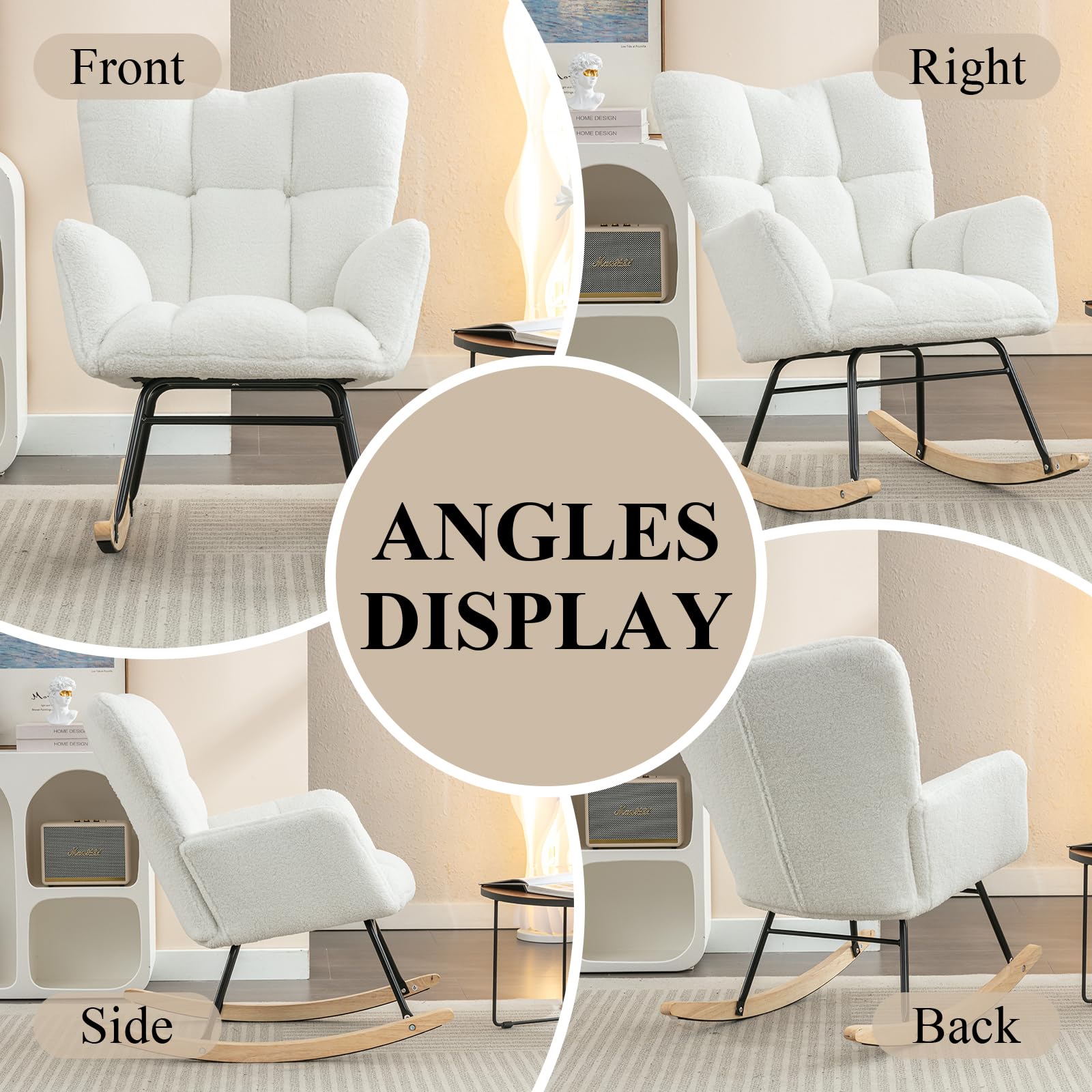 Teddy Upholstered Nursery Rocking Chair - High Back Glider Rocker with Metal Legs, Comfortable Accent Armchair for Baby Room, Living Room Reading & Nursing Chair (White) | Perfect for Nurseries, Breastfeeding, Storytime & Relaxation