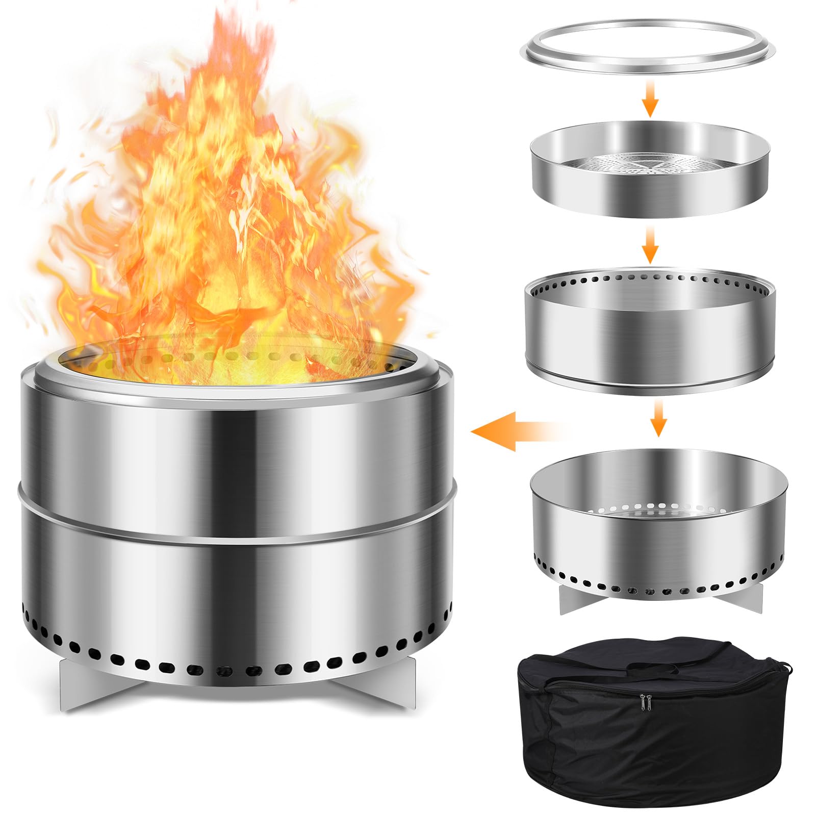 GARVEE 27 Inch Portable Smokeless Fire Pit with Stand - Stainless Steel Wood Burning Fire Pit for Camping, Backyard, Patio & Outdoor Gatherings - Includes Carry Bag & Split Structure Design for Easy Transport