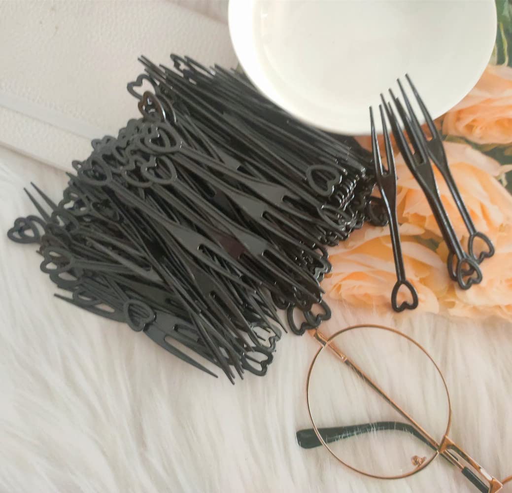 500PCS Disposable Black Heart-Shaped Plastic Cocktail Picks - Mini Cake Forks, Fruit Forks & Appetizer Sticks for Parties, Weddings, Dessert Tasting & Cocktail Garnish