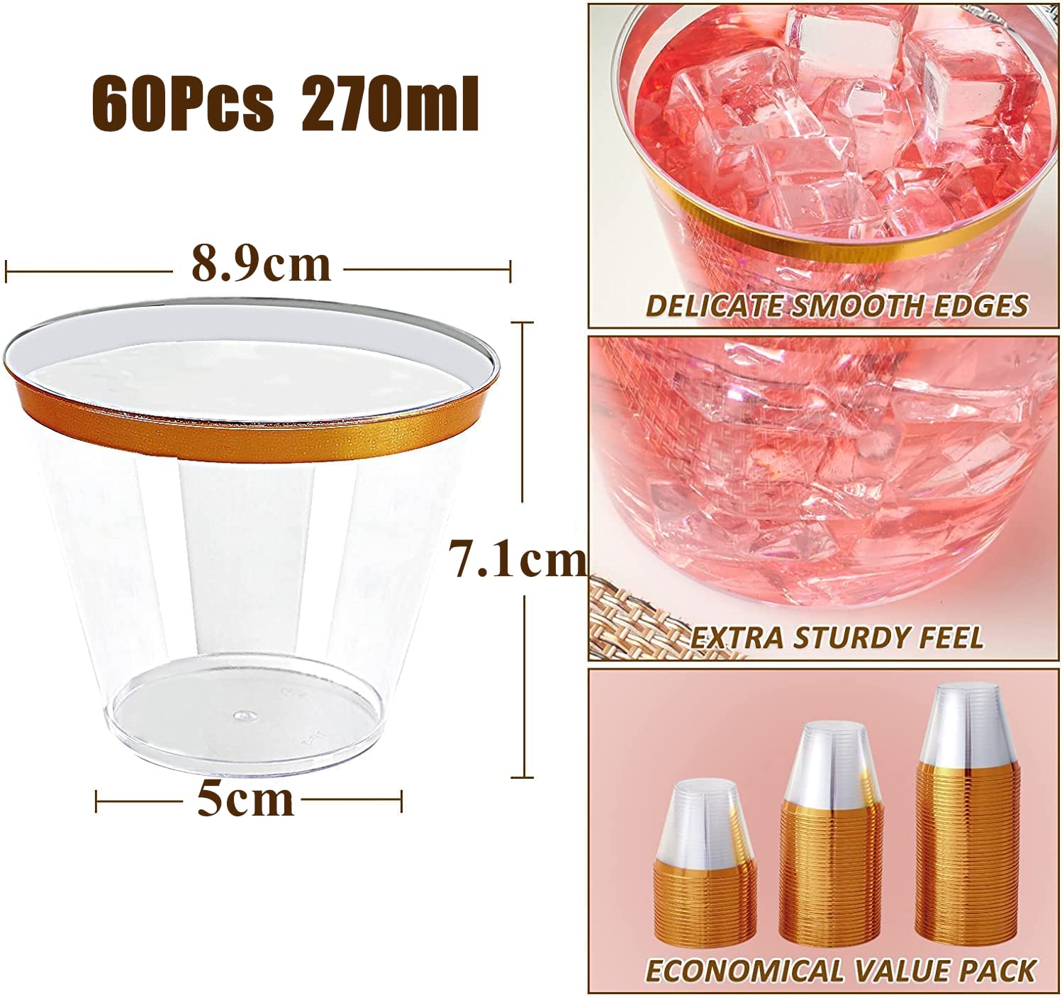 60-Pack Gold Rimmed Plastic Cups - 270ml Reusable Tumblers for Champagne, Beer, Cocktails & Soda | Elegant Party Drinkware for Weddings, BBQs, Picnics & Outdoor Events (8.9 x 7.1cm)