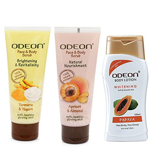 Odeon Skincare Combo Set - Turmeric Yogurt & Apricot Almond Body Scrubs with Free Whitening Papaya Lotion (3-Piece Kit) for Smooth, Glowing Skin - Perfect for Spa Day & Self-Care Routine