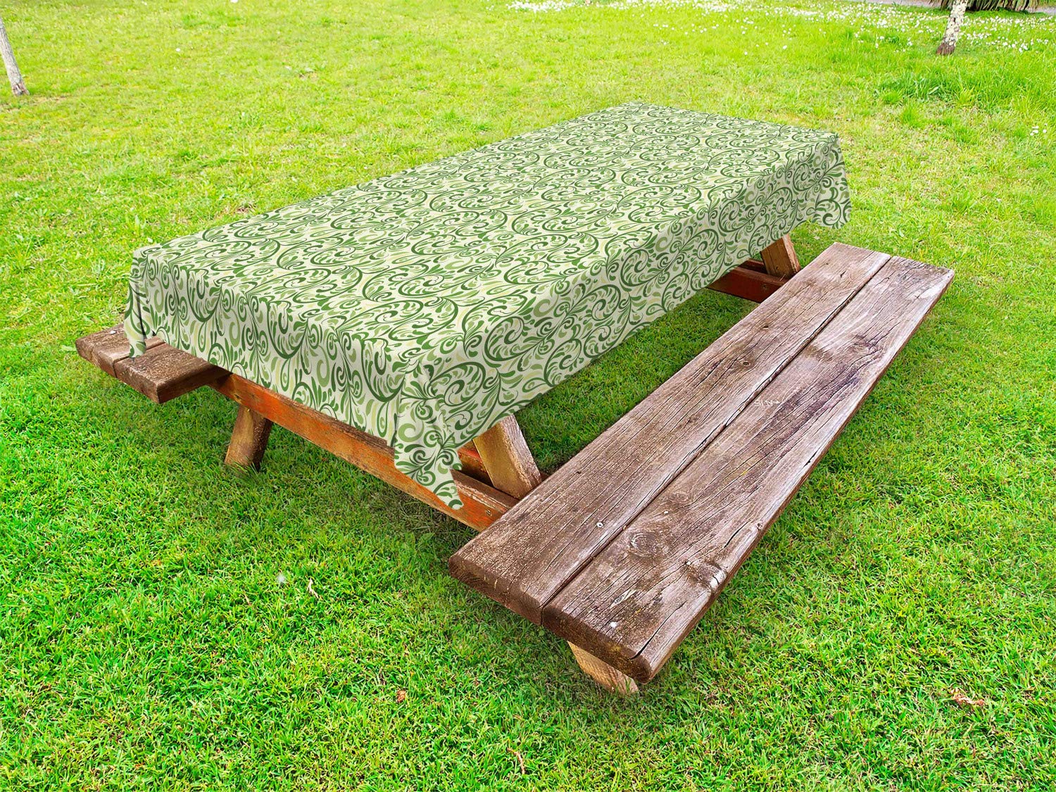Ambesonne Vintage Green Outdoor Tablecloth - Swirled Abstract Leaves Damask Design, Washable Picnic Table Cover 58x104 Inches, Pale Green & Fern Green - Perfect for Garden Parties, BBQs, and Outdoor Dining Events