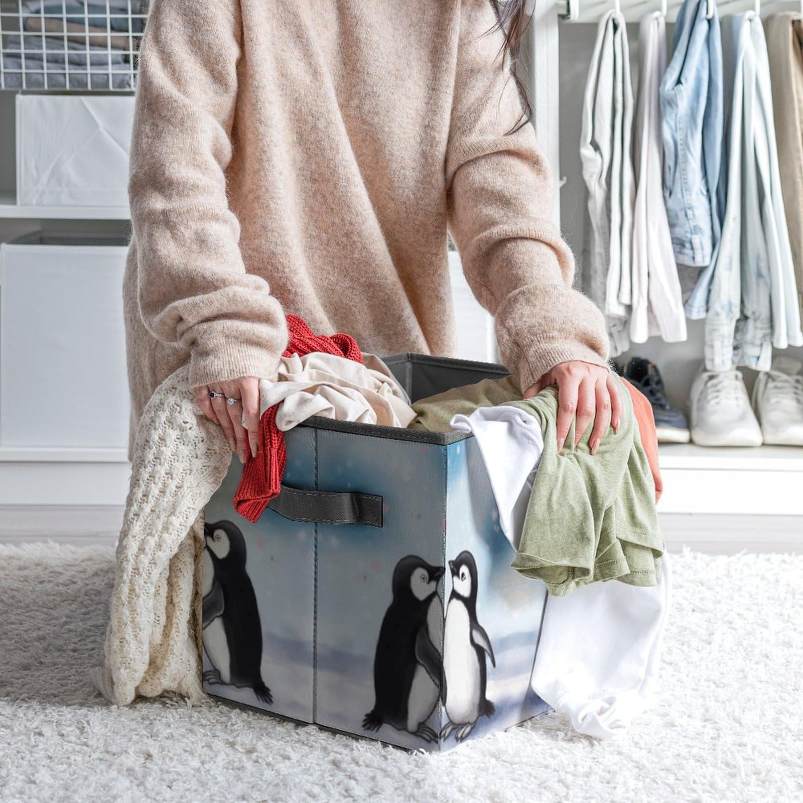 Collapsible Storage Bins with Handles - Penguin Printed Organizing Baskets for Home & Office