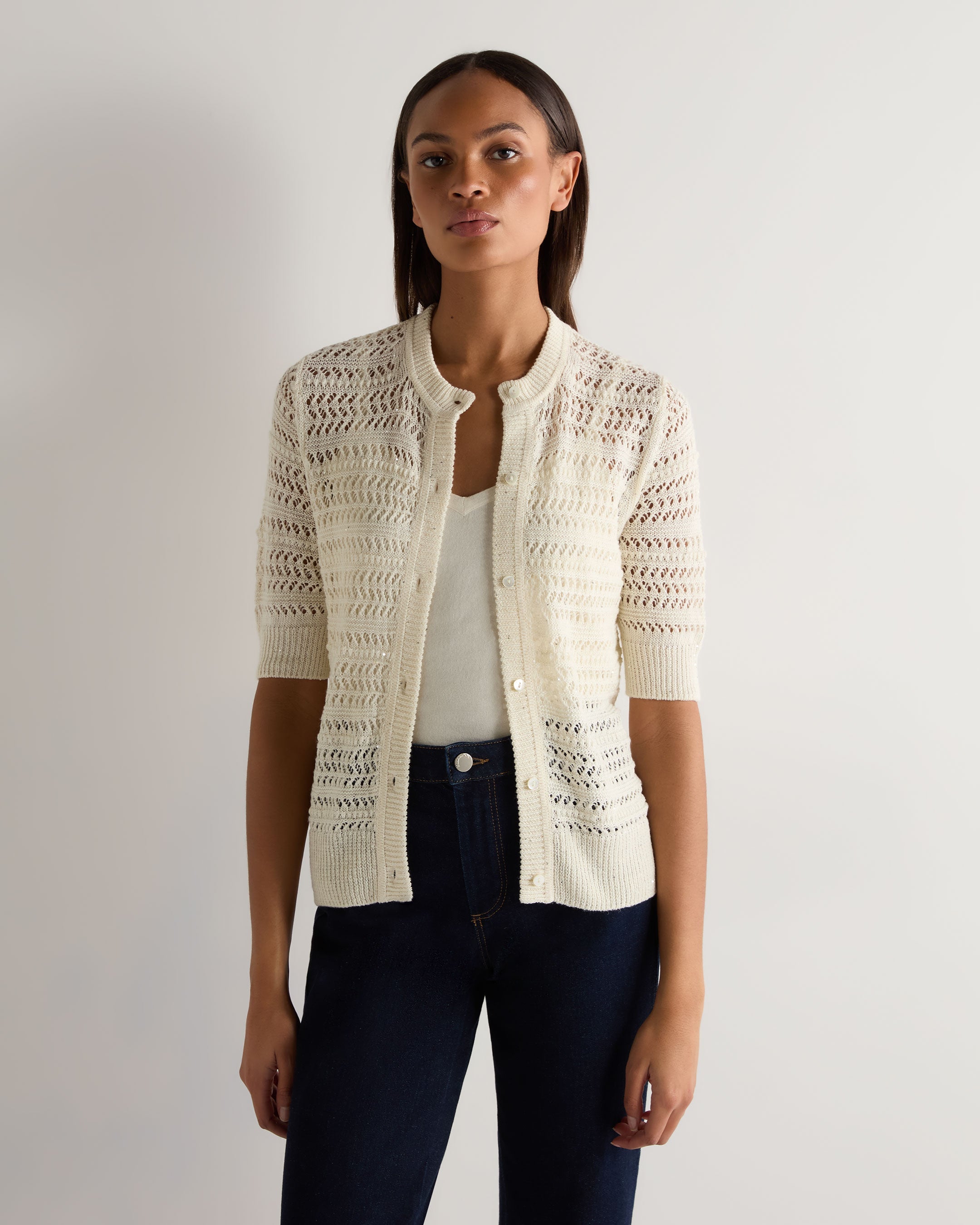 Women's Open Stitch Linen Blend Cardigan - Lightweight Summer Cover Up for Beach, Office & Casual Outfits - New Ivory White