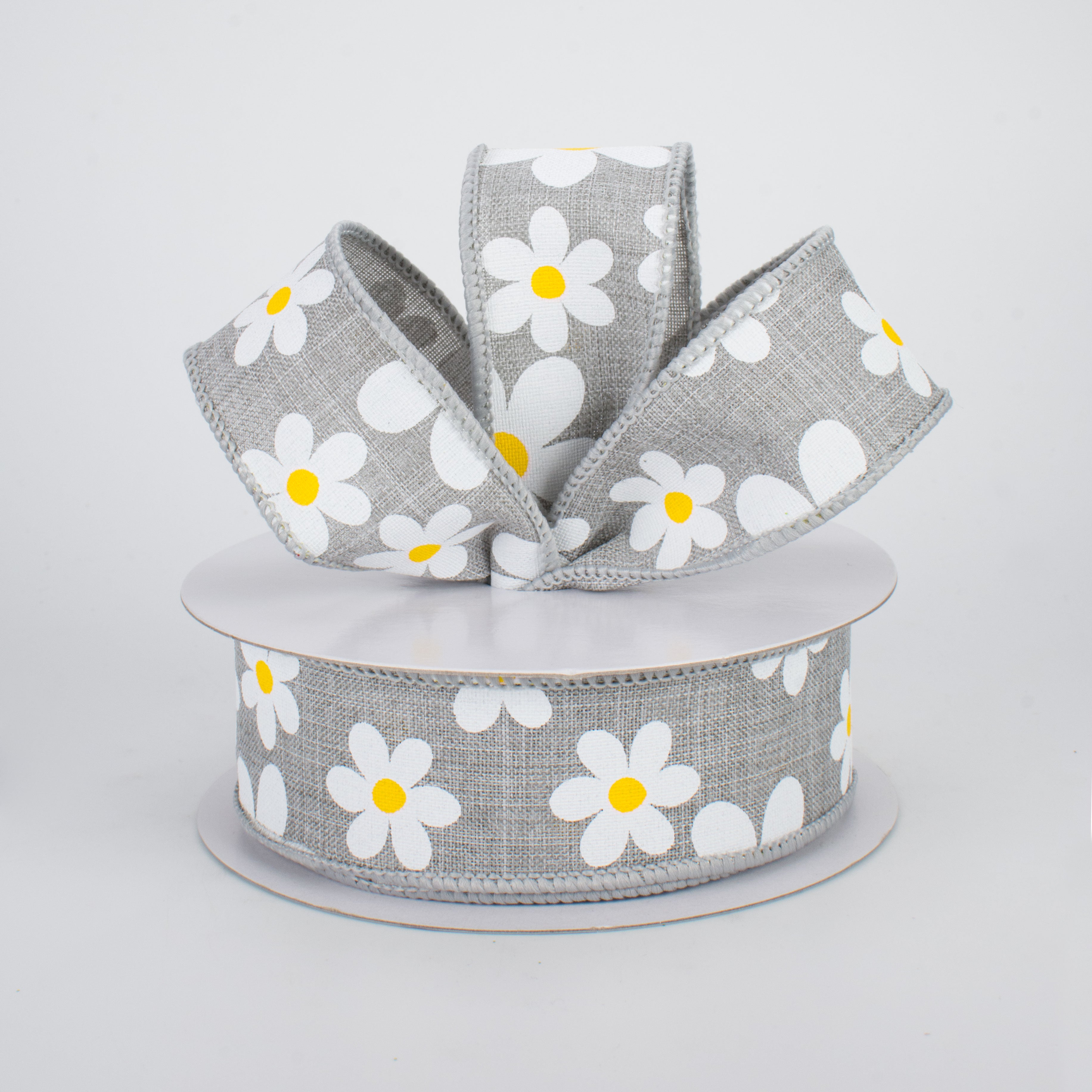 1.5 Inch Daisy Print Ribbon - Light Grey Grosgrain Ribbon (10 Yards) for Gift Wrapping, DIY Crafts, Hair Bows, and Scrapbooking