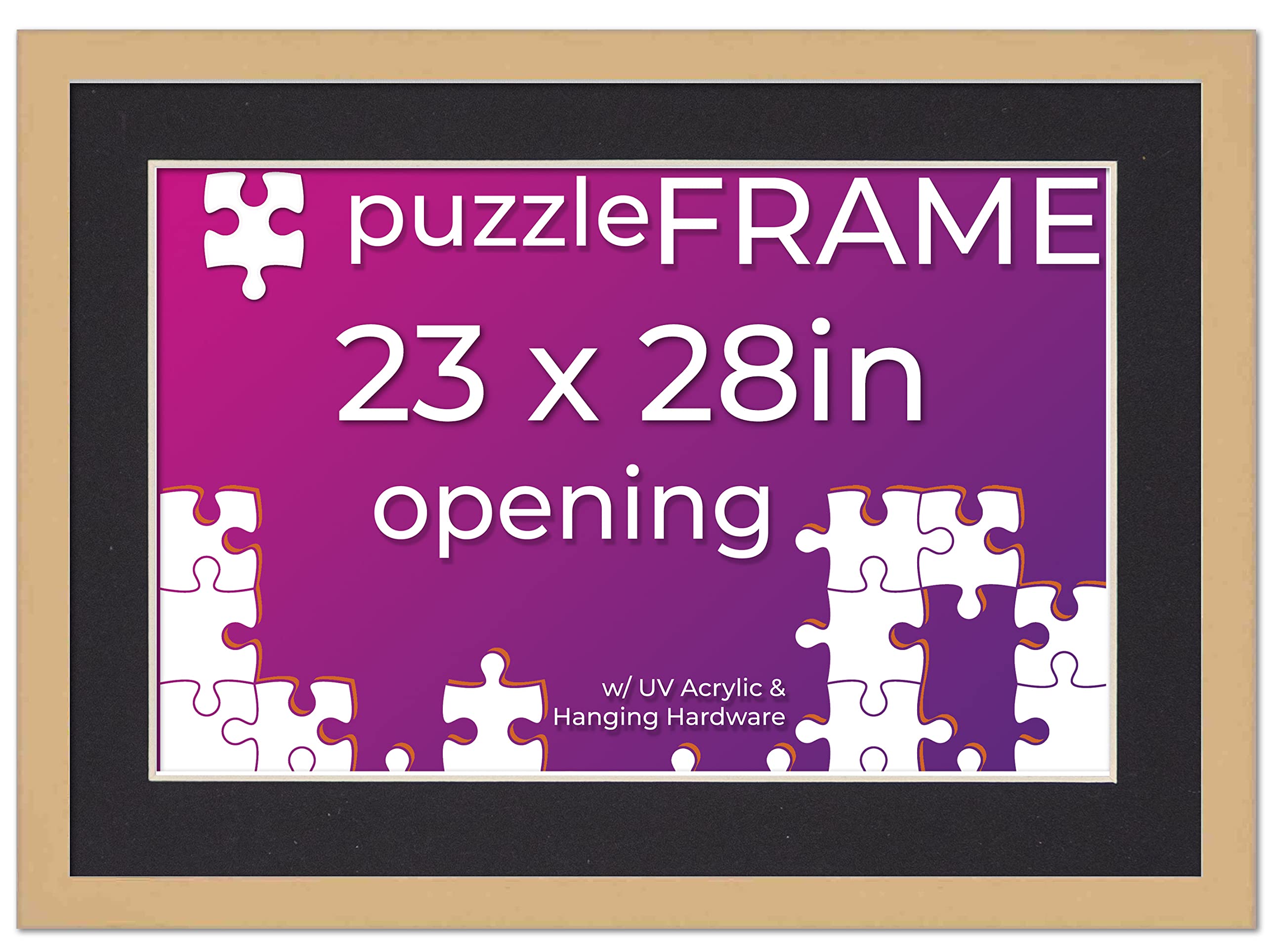 23x28 Jigsaw Puzzle Frame Kit with Puzzle Glue Sheets, Brown Wood Frame & Black Mat - Complete Display Set Includes UV Acrylic, Backing & Hanging Hardware - Perfect for Framing Finished Puzzles as Wall Decor