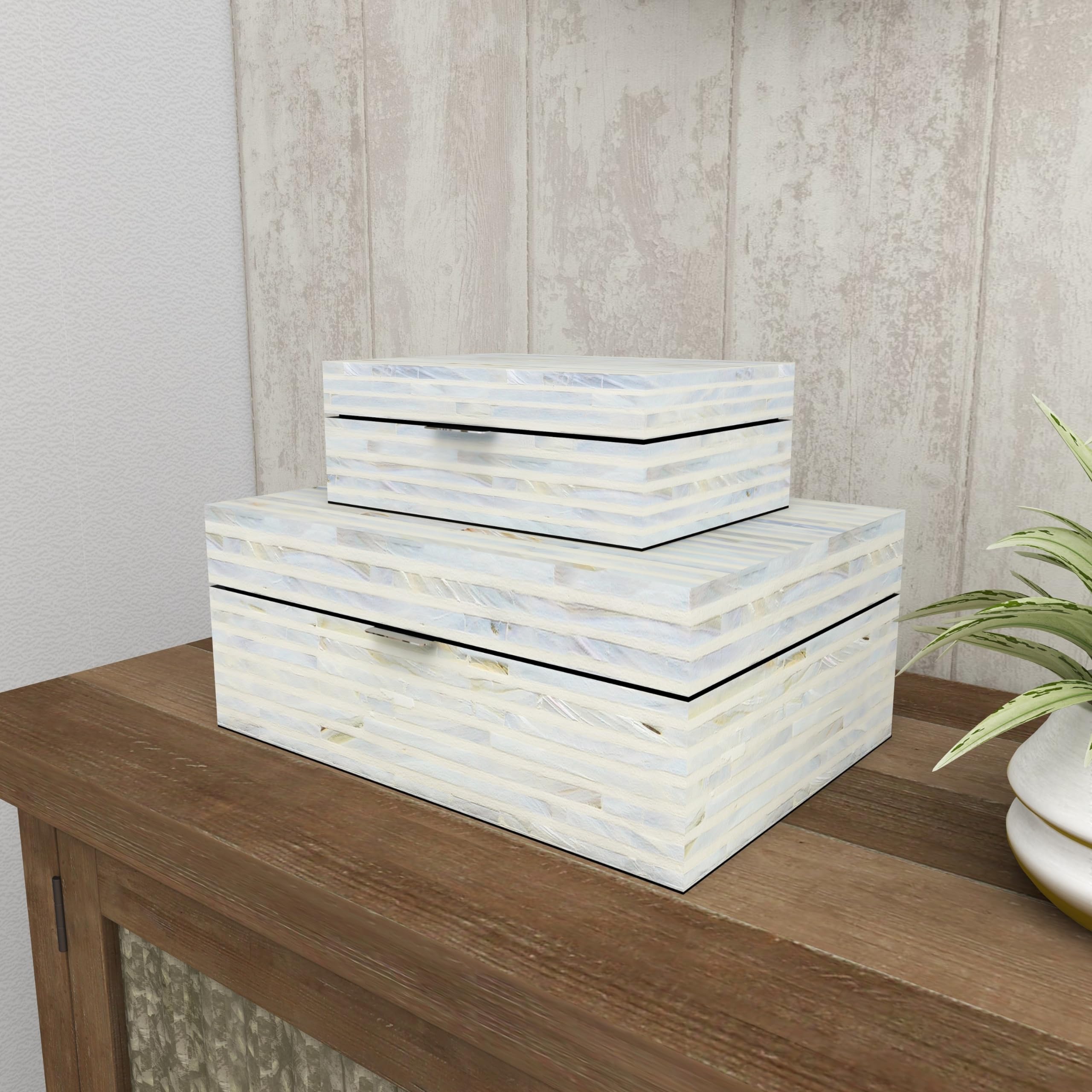 Deco 79 Mother of Pearl Shell Handmade Decorative Storage Box Set of 2 - 12