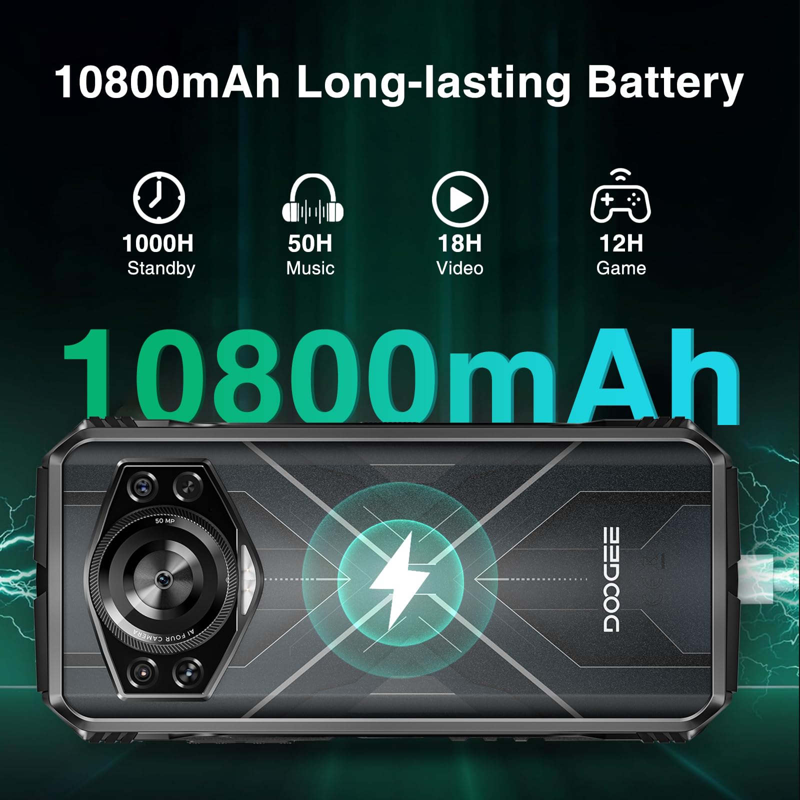 DOOGEE S Cyber Rugged Smartphone - Android 14, 10800mAh Battery, 50MP AI Camera, 20GB RAM + 256GB ROM, 6.58