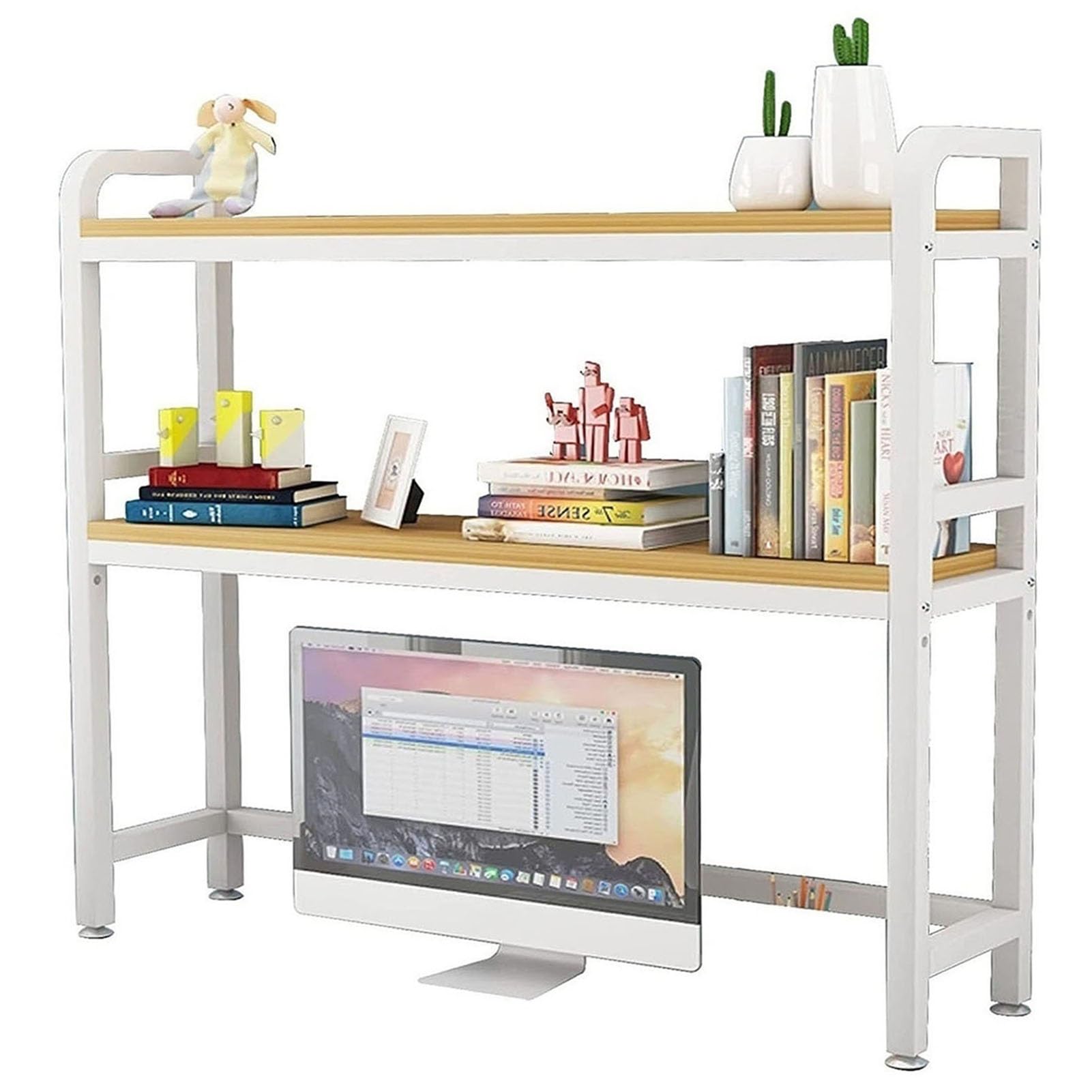 Adjustable 2-Tier Desk Organizer Shelf - Wood & Metal Computer Desk Bookcase, Open Countertop Display Storage Rack for Office, Home, or Dorm Use - Perfect for Organizing Books, Supplies & Decor