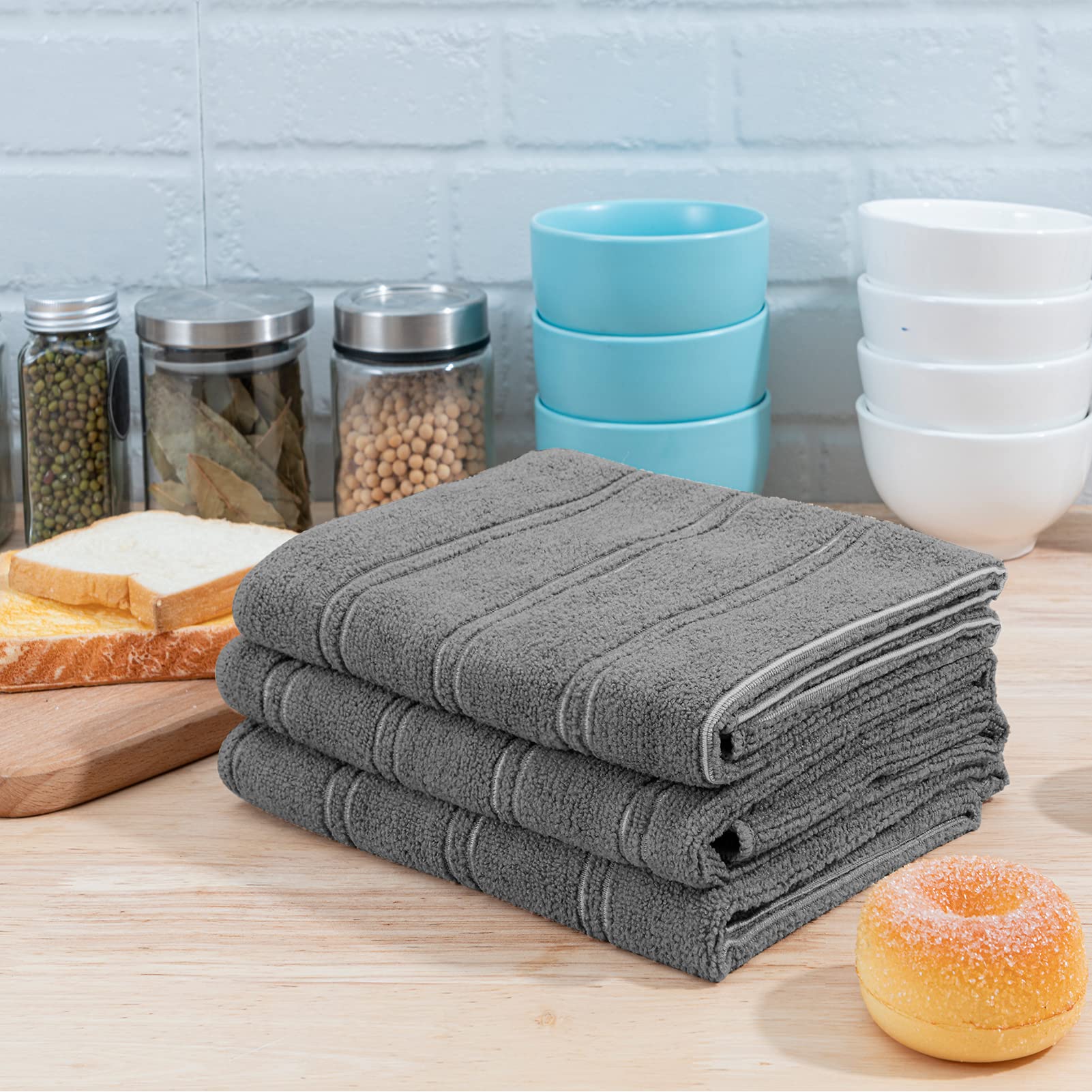 Joybest Microfiber Kitchen Towels Set - 8 Pack Super Soft & Absorbent Dish Towels (26x18 Inch) with Hanging Loop, Stripe Design Dark Grey - Perfect for Drying Dishes, Cleaning Countertops & Kitchen Decor