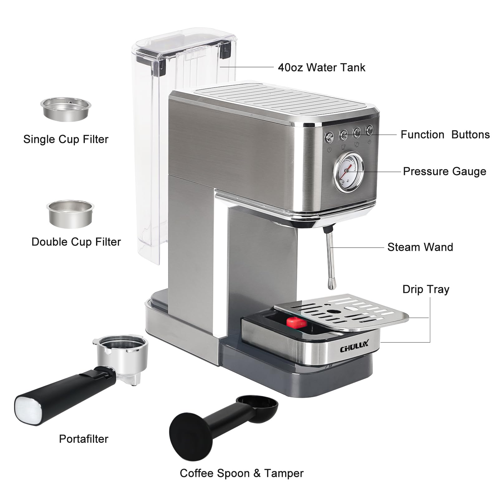 CHULUX Kom-Pro 20 Bar Semi-Automatic Espresso Machine - Stainless Steel Coffee Maker with Milk Frother for Home Baristas - Perfect for Lattes, Cappuccinos & Espresso Drinks - Ideal for Kitchen, Office & Coffee Shop Use