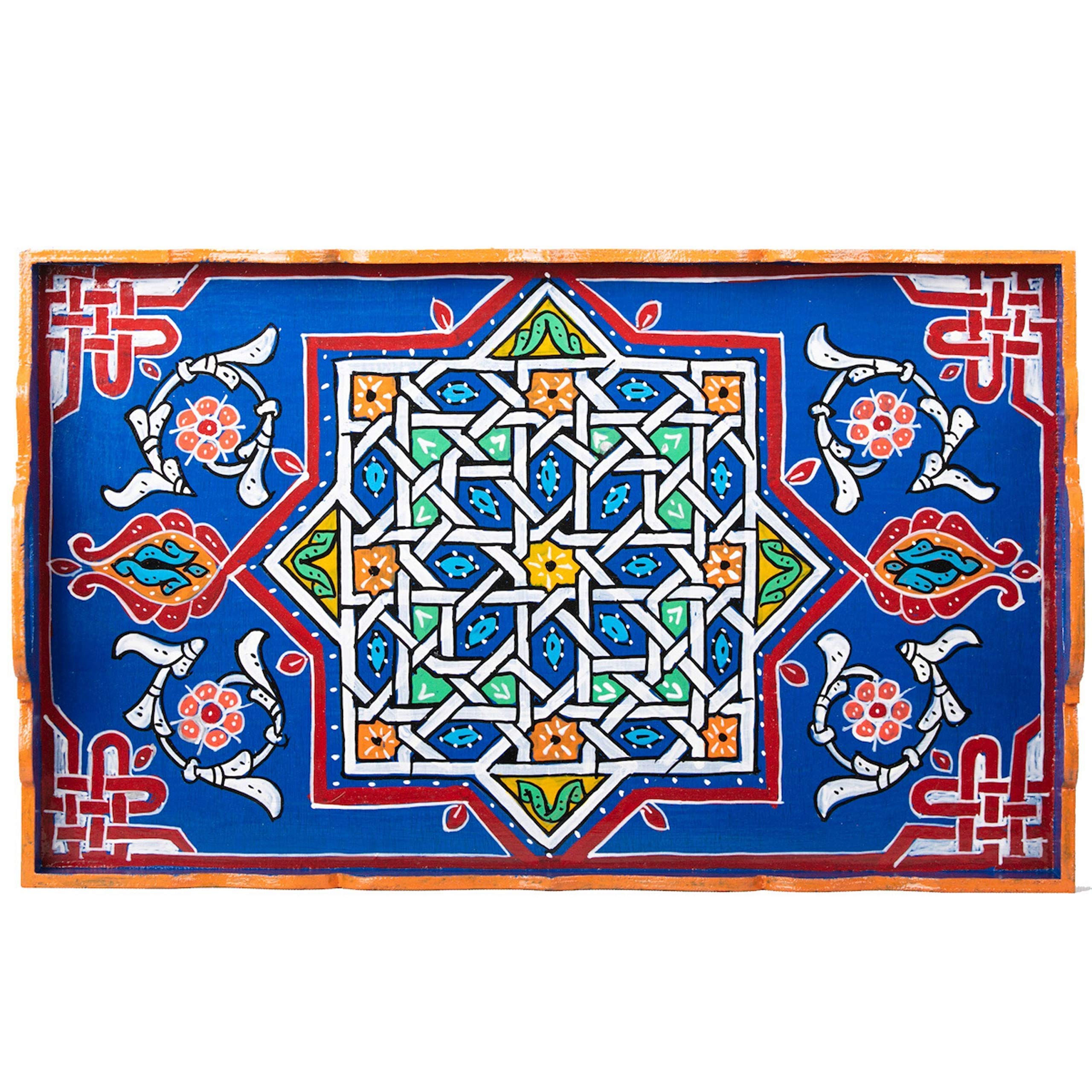 Hand Painted Moroccan White Decorative Serving Tray - Waterproof Acrylic Bohemian Arabesque Design (Blue) | Perfect for Home Decor, Coffee Table Centerpiece & Gift Giving