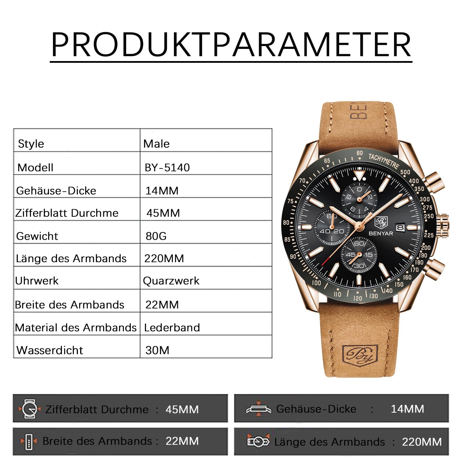 BENYAR Men's Luxury Chronograph Quartz Watch - Waterproof Business Wristwatch with Brown Leather Strap | Perfect for Office, Formal Events & Everyday Wear