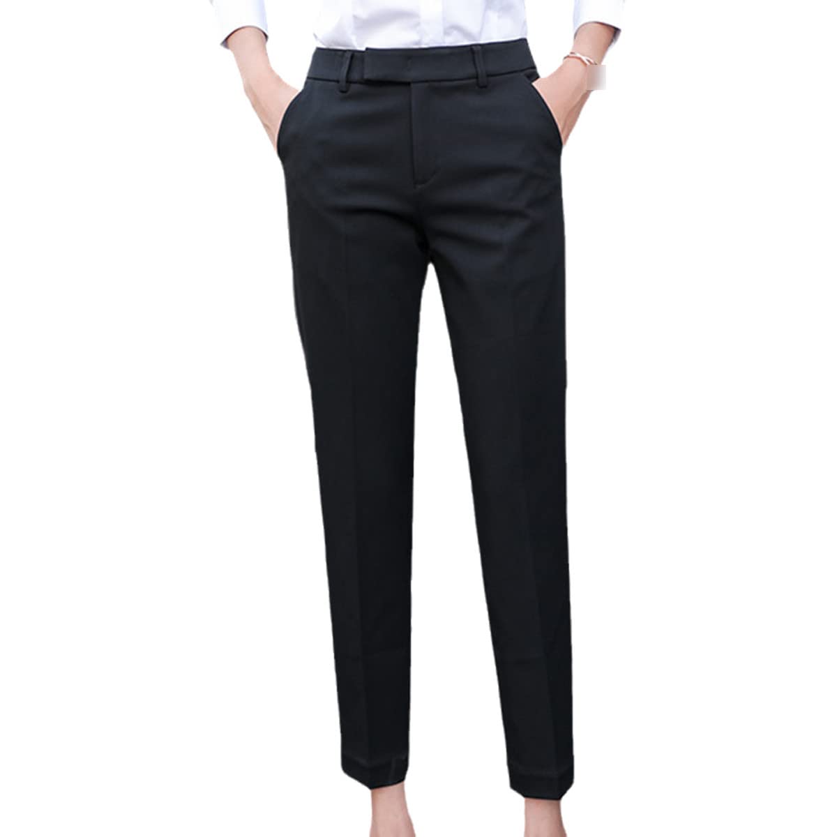 VIZANLY Women's High Waist Formal Pants - Black & Gray Office Suit Pants, Elegant Straight-Leg Work Trousers for Business Casual (Size XL) | Perfect for Office Wear, Business Meetings & Professional Occasions