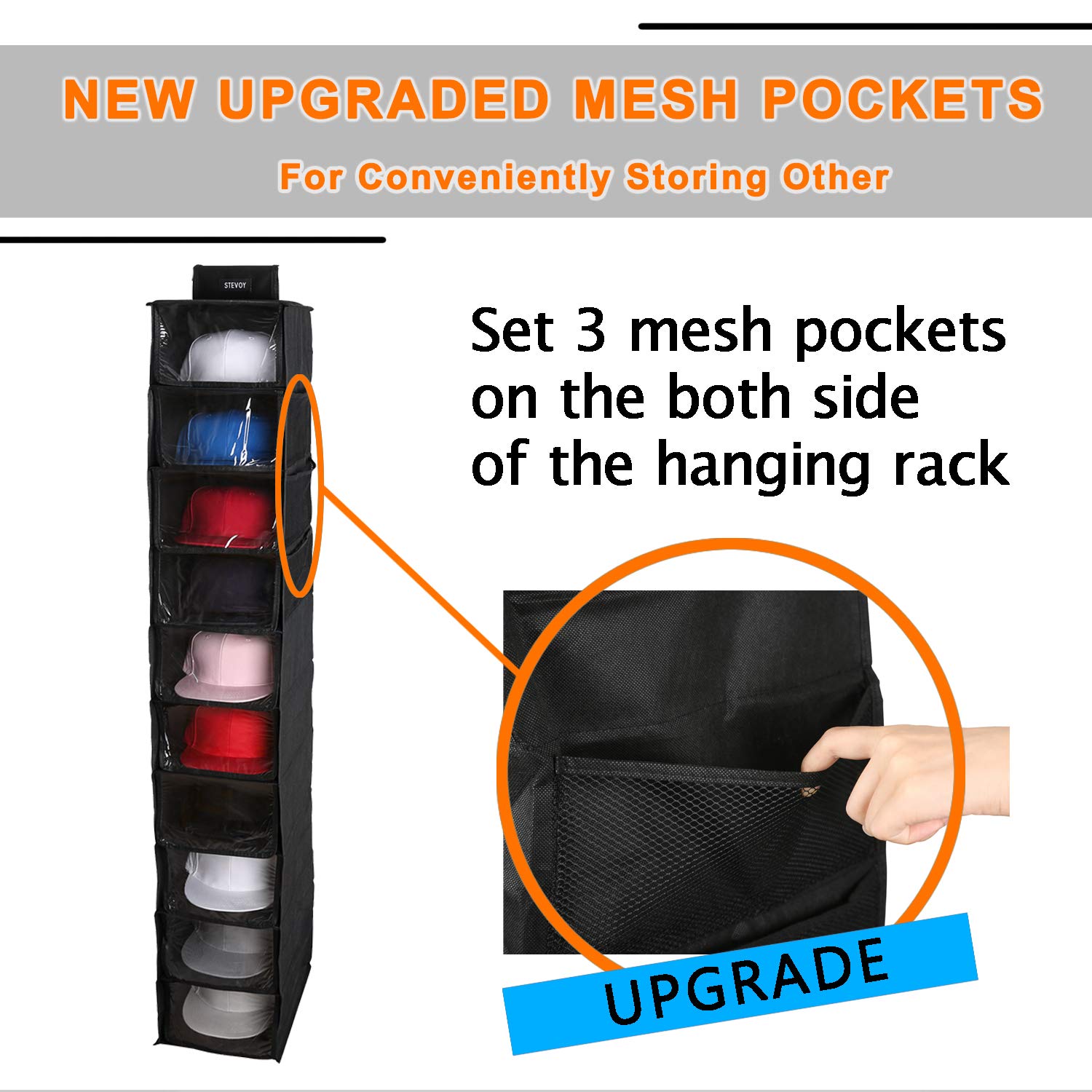 2 Pack Hat Organizer - 10 Shelf Hanging Closet Storage for Baseball Caps, Hats & Shoes with Dust Shield & Side Pockets | Space Saving Closet Organizer for Bedroom, Closet & Dorm Room