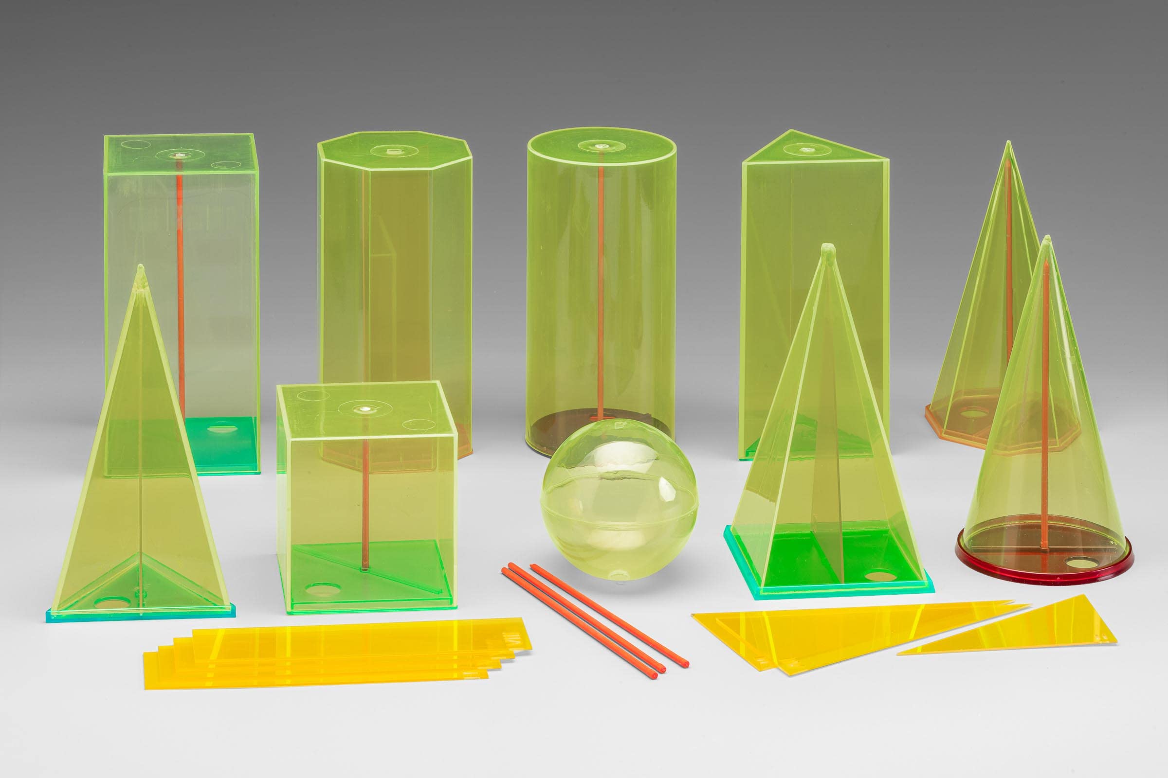 WISSNER 15cm Geometric Solids Set - 10 Yellow, Green & Red 3D Shapes with Cross Sections & Central Axes for Math Education - Perfect for Classroom Learning & STEM Activities