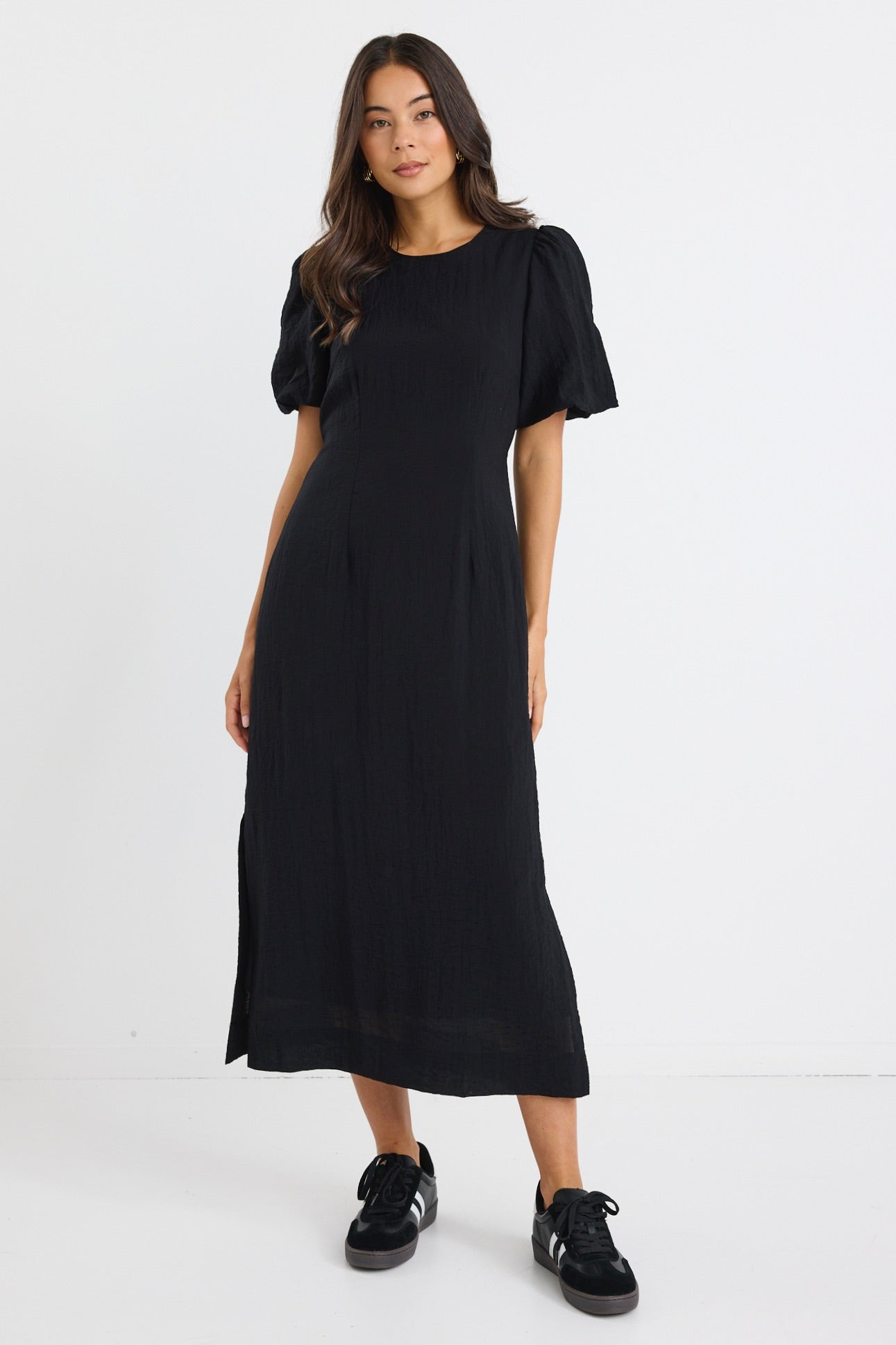 Elder Black Short Puff Sleeve Tie Midi Dress for Women - Elegant Party & Cocktail Attire - Perfect for Weddings, Date Nights & Special Occasions