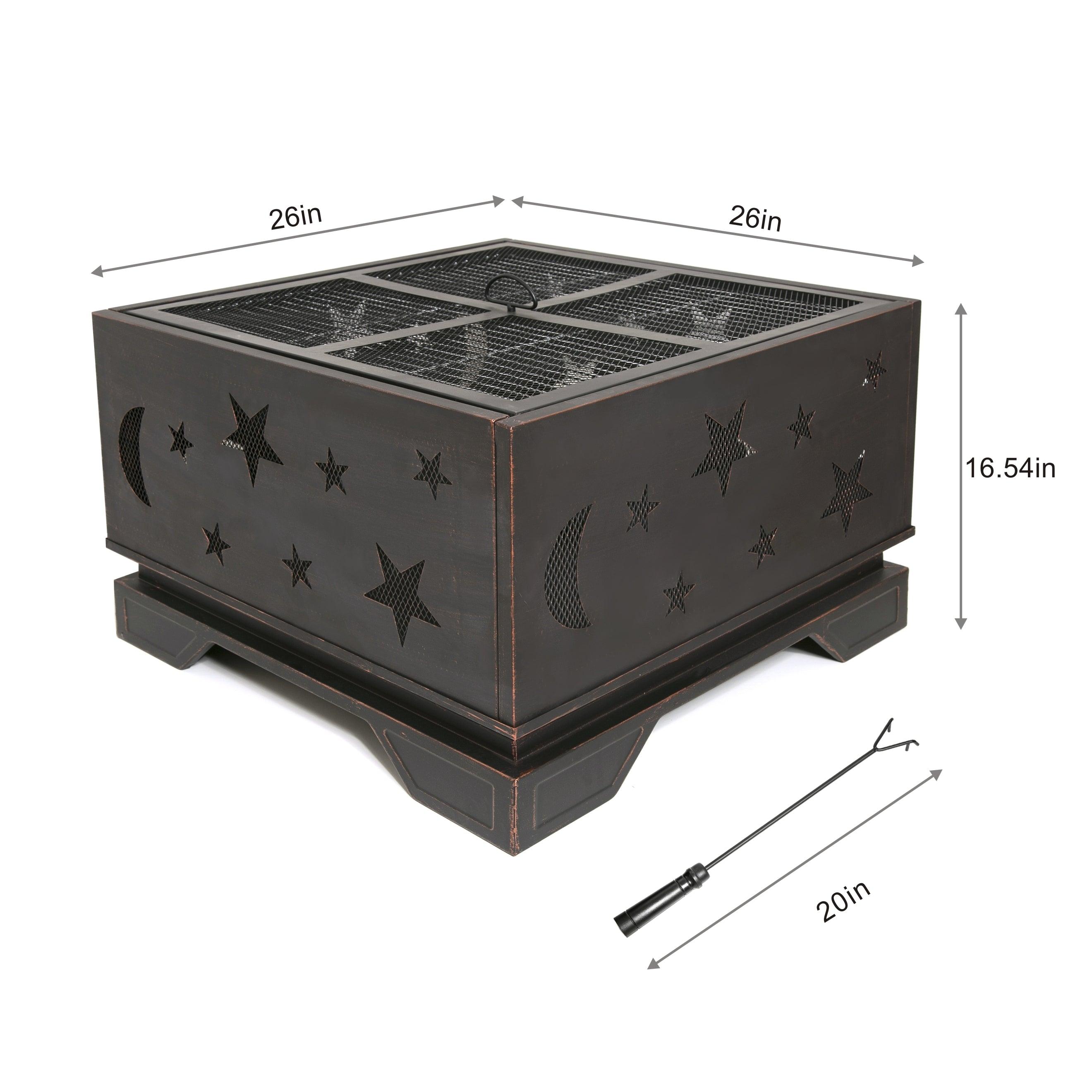 26 Inch Square Fire Pit with BBQ Grill - Outdoor Wood Burning Fire Pit with Poker Tool - Large Fireplace for Patio, Garden, Camping, Backyard & Picnic - Perfect for Bonfires, Roasting Marshmallows & Outdoor Gatherings