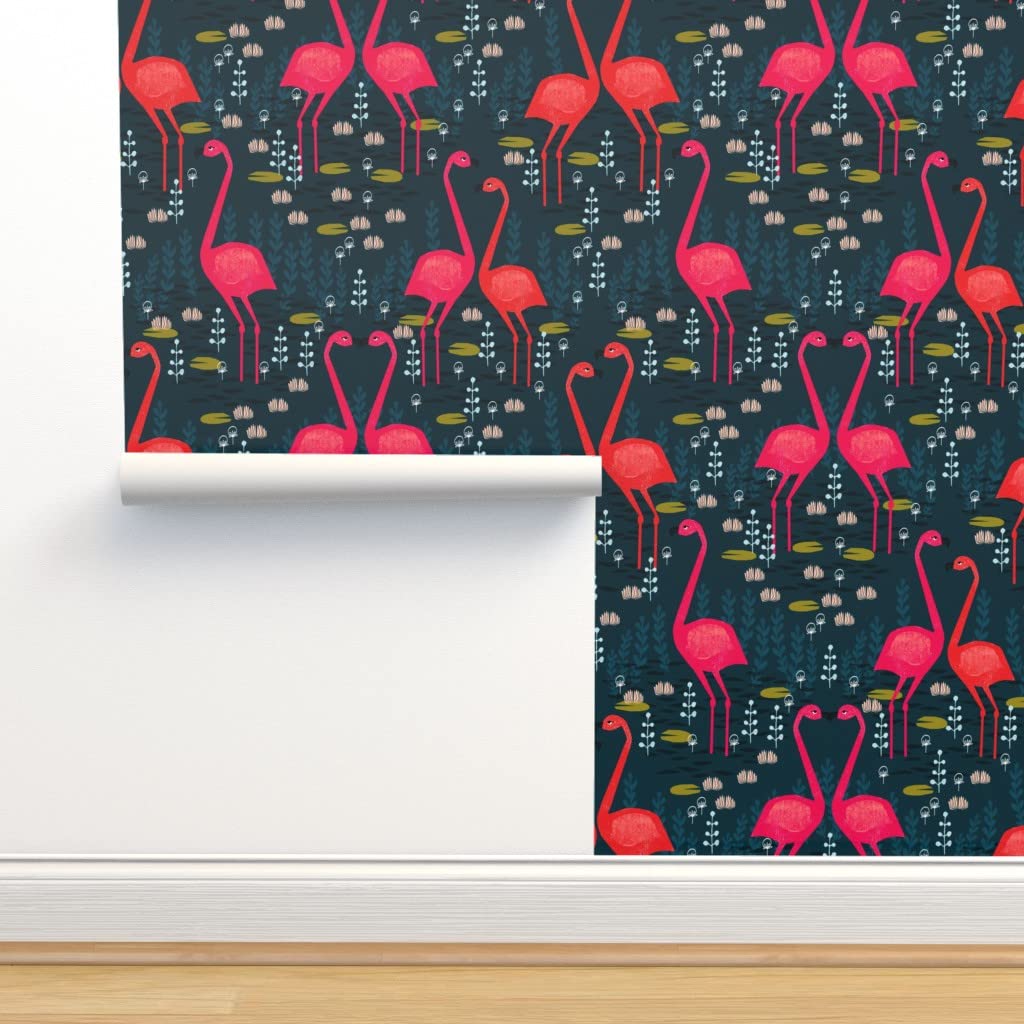Premium Commercial Grade Wallpaper - 27ft x 2ft Flamingo Tropical Design (Dark Navy Blue & Pink) | Non-Woven Peel & Stick Wallpaper for Living Room, Bedroom, Nursery | Florida Wildlife Birds & Plants Theme by Spoonflower