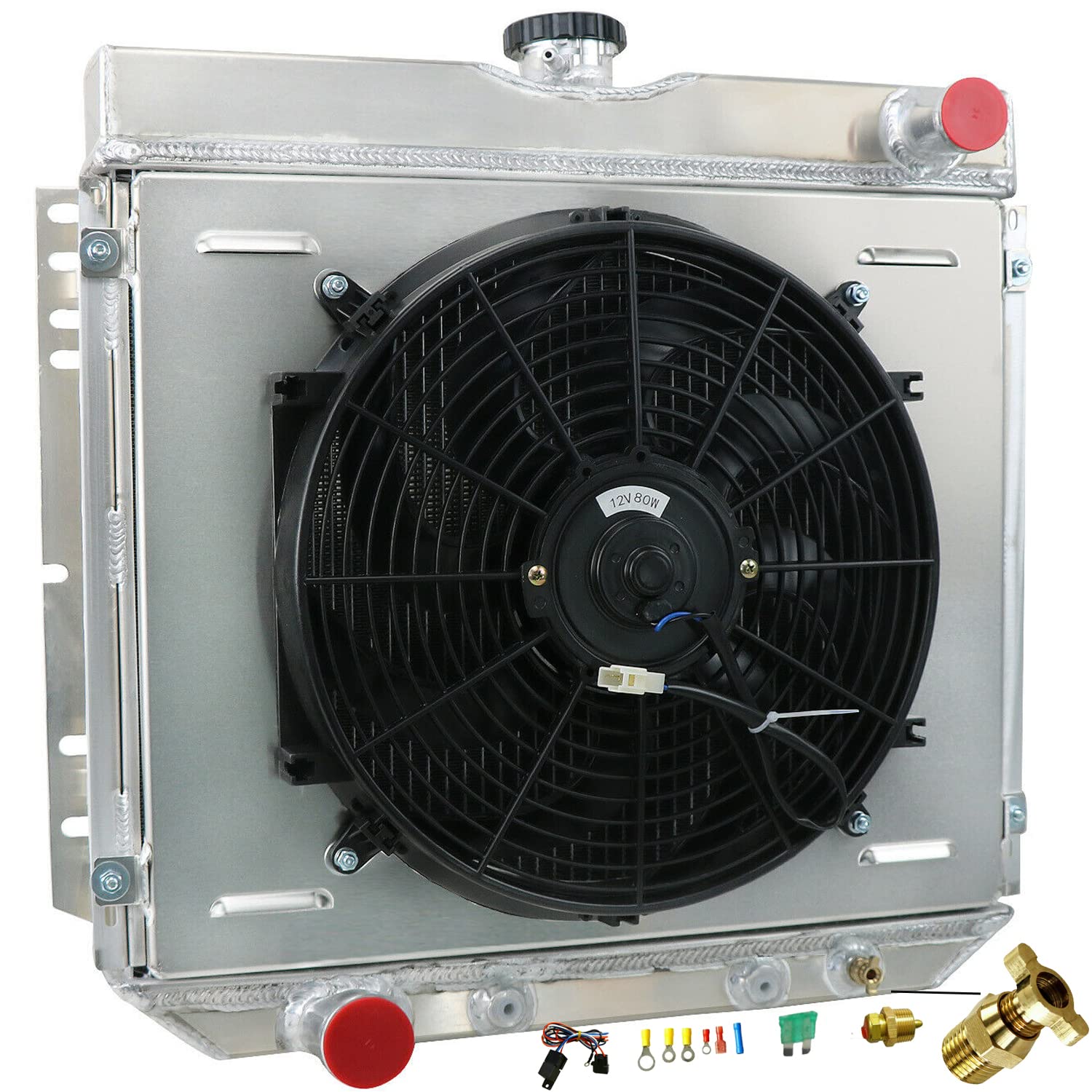 High-Performance Full Aluminum Radiator for 1963-1977 Ford Fairlane Maverick Mustang Falcon Torino Mercury Comet Cougar - 3 Row Core with Shroud, Fan & Thermostat Relay Kit - Perfect for Classic Car Restoration & Hot Rod Upgrades