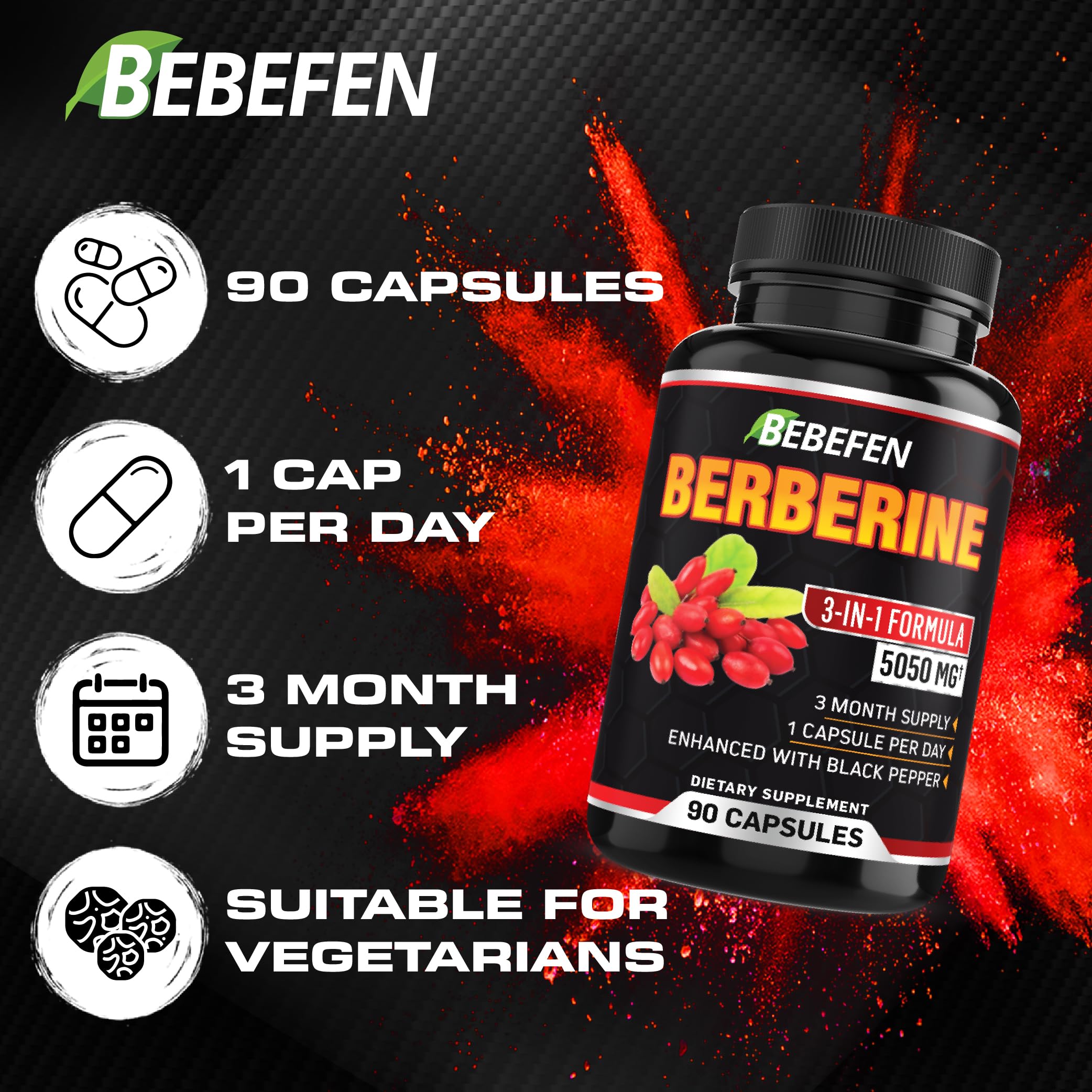 BEBEFEN Berberine Capsules with Black Pepper Extract - 90 Count (3 Month Supply) - Natural Blood Sugar Support Supplement for Digestive & Metabolic Health - Perfect for Daily Wellness Routine & Diabetes Management