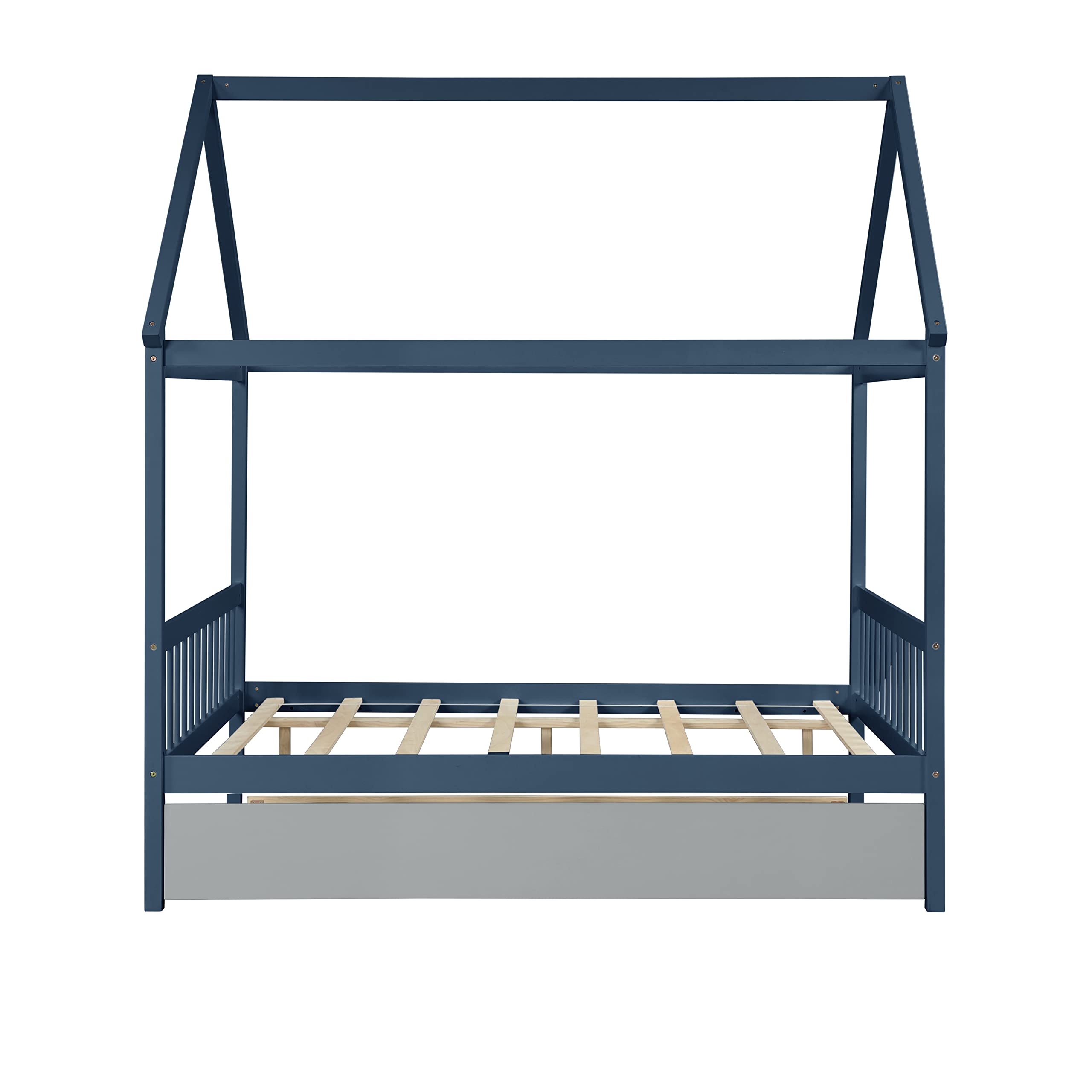 Harper & Bright Designs Full Size House Bed with Trundle - Wooden Daybed for Kids, Boys & Girls - Full Platform Bed Frame with Canopy for Bedroom (Blue & Grey) - Perfect for Small Spaces, Playrooms & Kids' Bedrooms