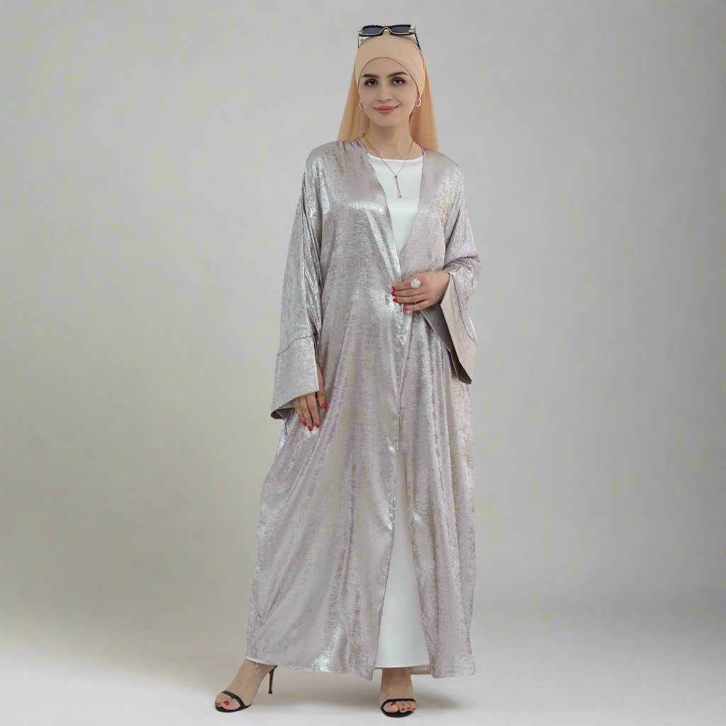 Celine Shimmer Kimono Open Abaya Sand - Elegant Muslim Abaya Dress for Women | Perfect for Eid, Wedding & Special Occasions