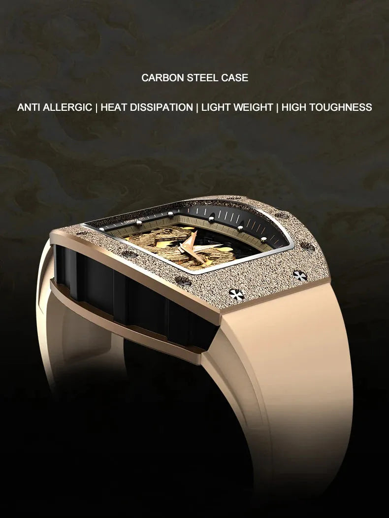 Luxury Men's Automatic Mechanical Watch - Tonneau Case, Gold Dragon Skeleton Dial, Luminous Hands, Fluororubber Strap | Perfect for Business, Formal Events & Gift Giving