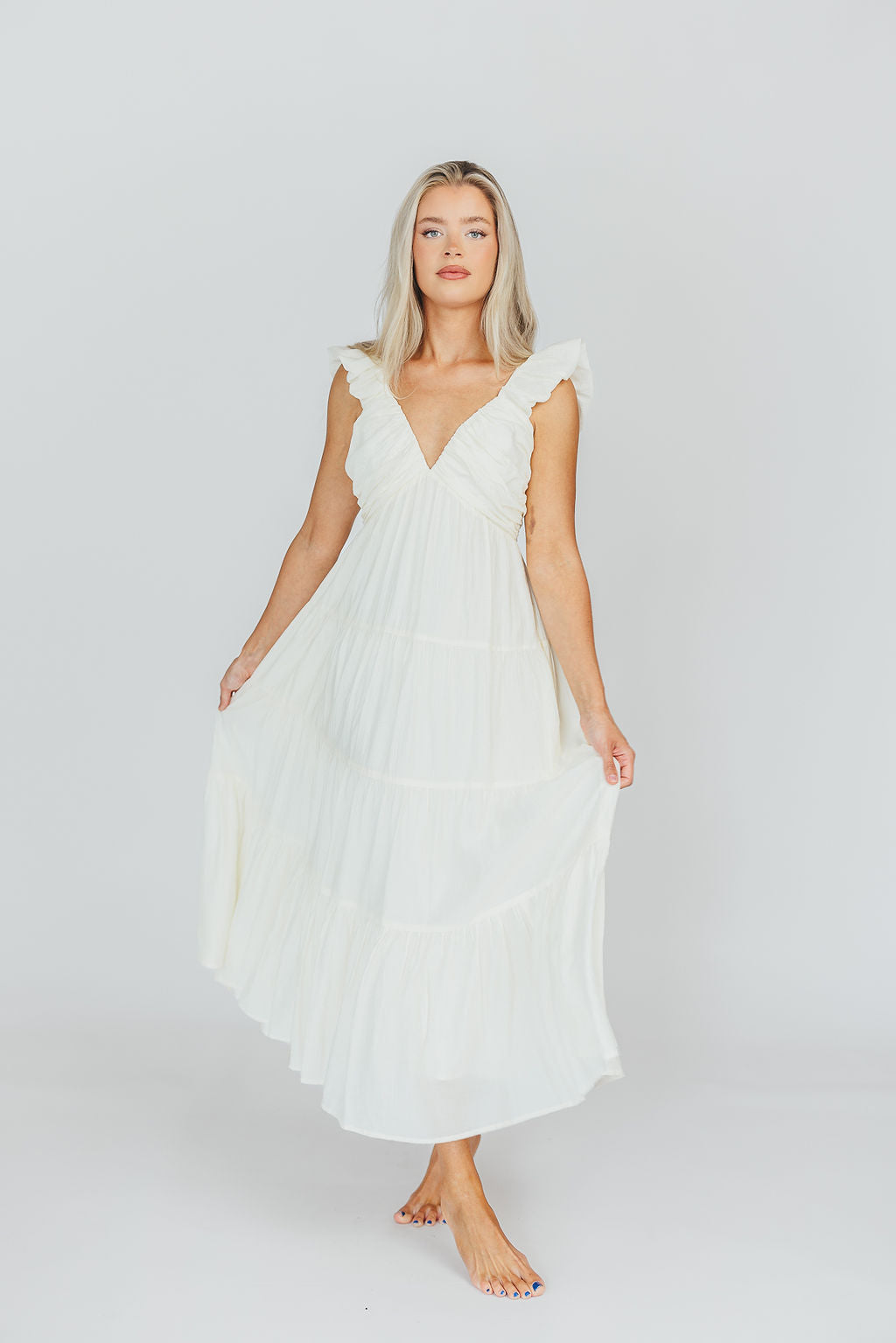 Katy Pleated Bodice Midi Dress in Cream | Bump Friendly Maternity Dress | Perfect for Baby Showers, Weddings & Special Occasions