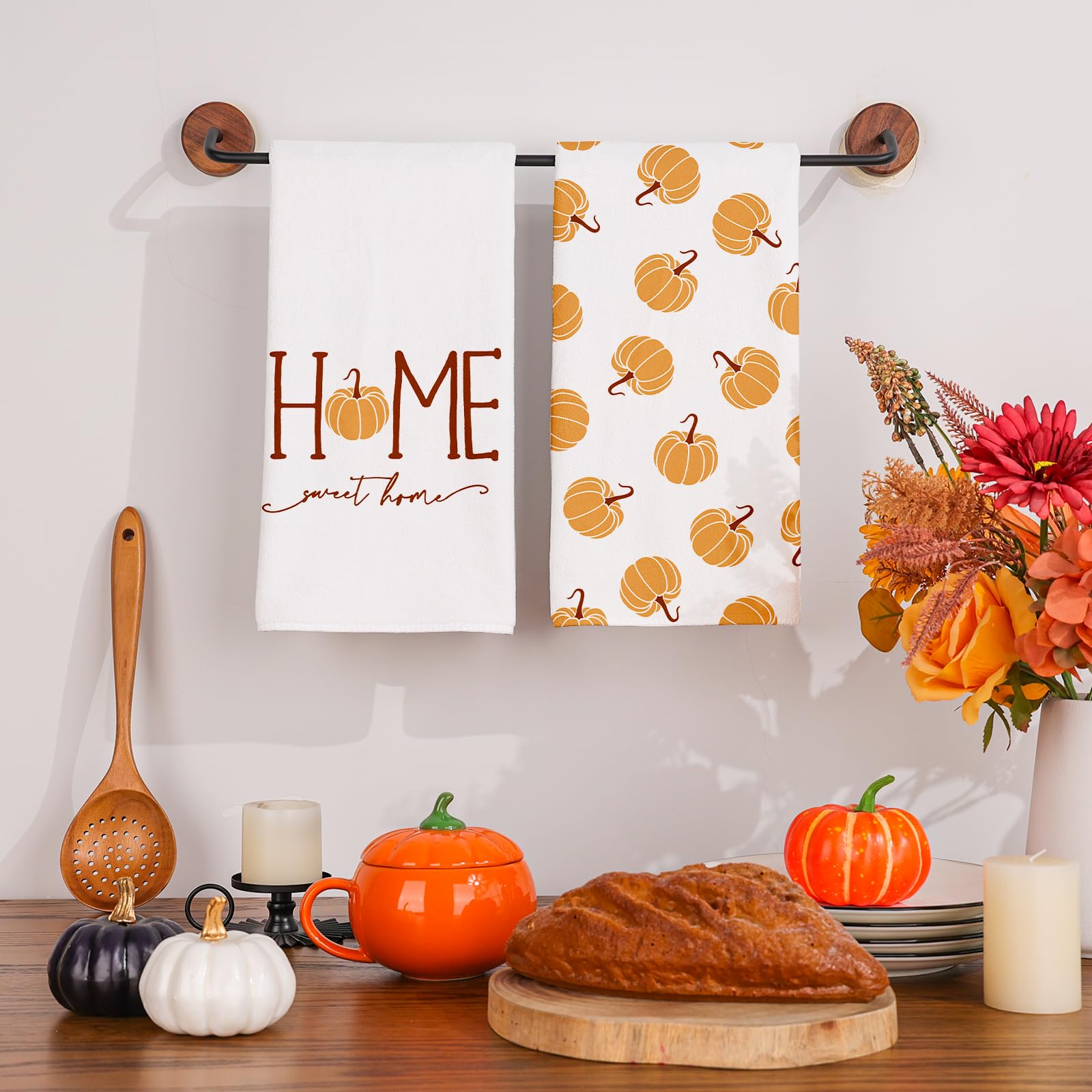 Premium Fall Kitchen Towels Set of 2 - 18x26 Inch Absorbent Pumpkin Print Dish Towels for Thanksgiving & Autumn Home Decor - Perfect for Seasonal Cooking, Hosting & Cozy Farmhouse Kitchen Decorations
