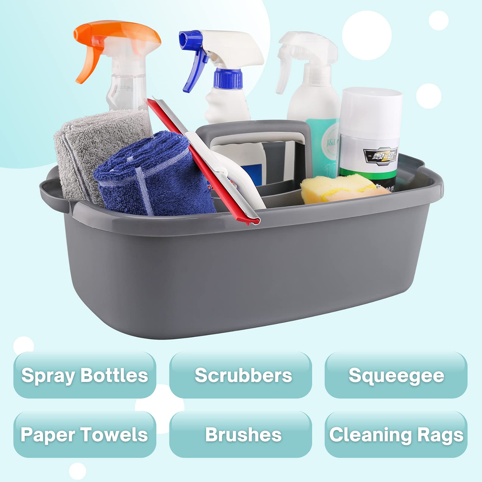 KeFanta Cleaning Supplies Caddy with Handle - Large Plastic Bucket Organizer for Household Tools, Portable Shower Basket Tote in Gray | Perfect for Bathroom, Kitchen & Cleaning Storage