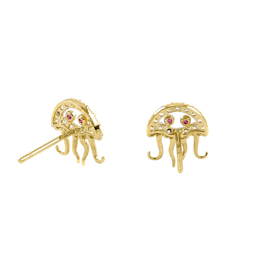 14K Solid Yellow Gold Jellyfish Stud Earrings with Cubic Zirconia - Perfect for Beach Parties, Underwater Theme Events & Unique Gift Giving
