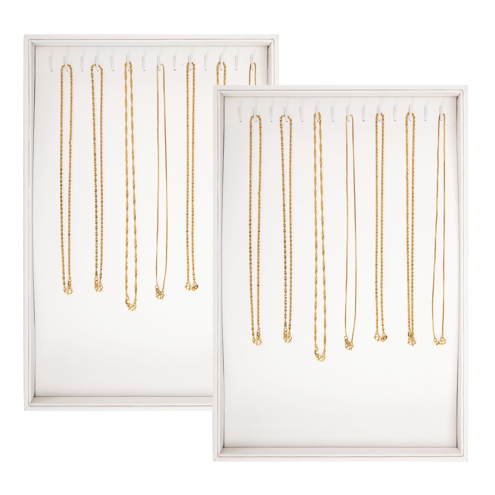 Polmart Stackable Necklace & Jewelry Organizer - 2 Pack White Leatherette Storage Trays for Necklaces, Rings, Earrings | Perfect for Vanity, Dresser, Travel & Gift Giving