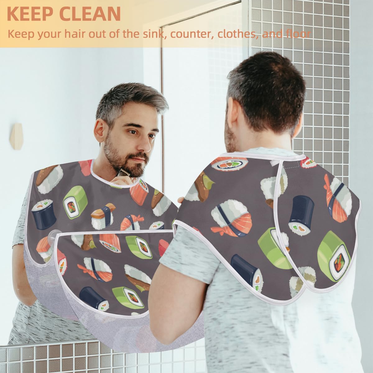 Cfpolar Japanese Cute Sushi Beard Bib - Non-Stick Hair Catcher for Men Shaving with Suction Cups, Beard Apron & Grooming Cape - Perfect Birthday Gift for Husband or Dad - Ideal for Barbershops & Home Grooming