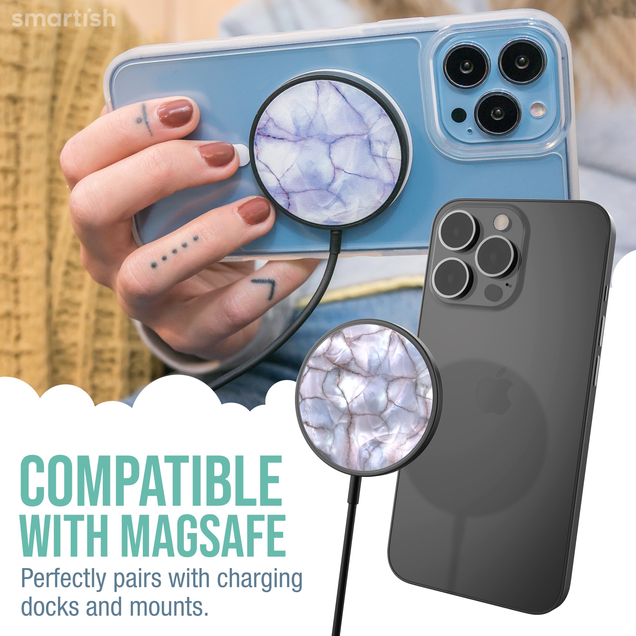 Smartish Magnetic Wireless Charger for iPhone 14/13/12 Series & AirPods 3 - 7.5W Fast Charging | Magsafe Compatible | USB-C & USB-A Cable Included | Works with Stands & Mounts | Perfect for Home, Office & Car Use