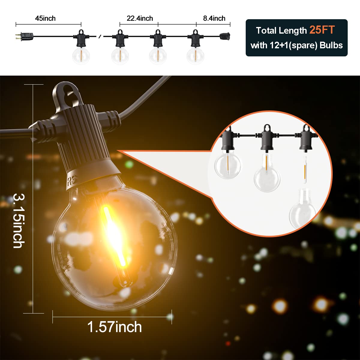 Kawaya 25 FT Outdoor LED String Lights with 12+1 Shatterproof Edison Bulbs - IP65 Waterproof Dimmable Hanging Lights - 2700K Warm White for Patio, Yard, Porch, Deck, Bistro | Perfect for Backyard Parties, Wedding Decor & Outdoor Dining