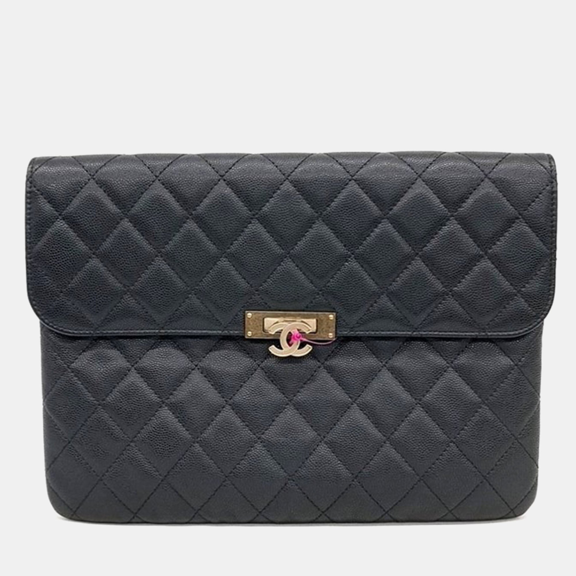 Luxury Black Caviar Quilted Leather Medium Golden Class Pouch - Elegant Clutch for Women, Perfect for Evening Parties, Weddings & Special Occasions