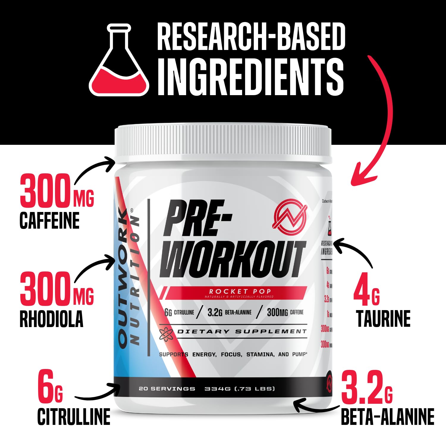 Outwork Nutrition Pre-Workout Powder for Men & Women - Caffeine, Citrulline Malate, Beta Alanine | No Creatine Formula with Nootropics | Energy & Focus Boost for Gym, Running & Fitness Training (Rocket Pop Flavor)