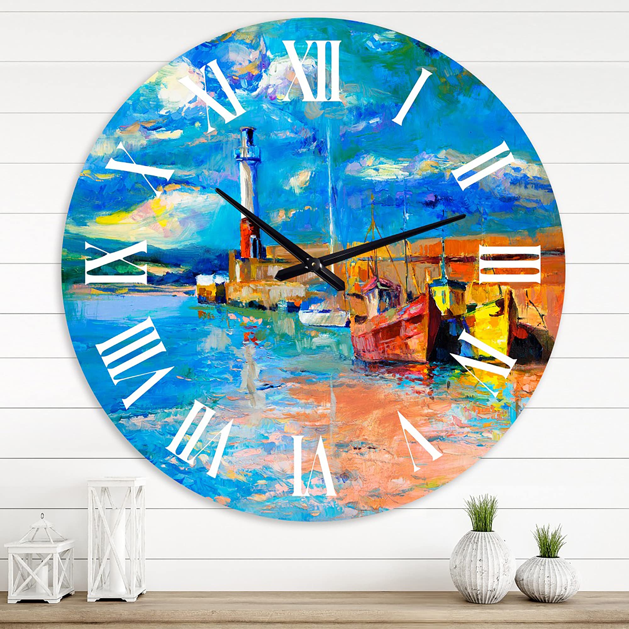 Blue Round Nautical Coastal Wall Clock - Lighthouse in Evening Glow by The Shore - Perfect for Living Room, Beach House & Coastal Decor