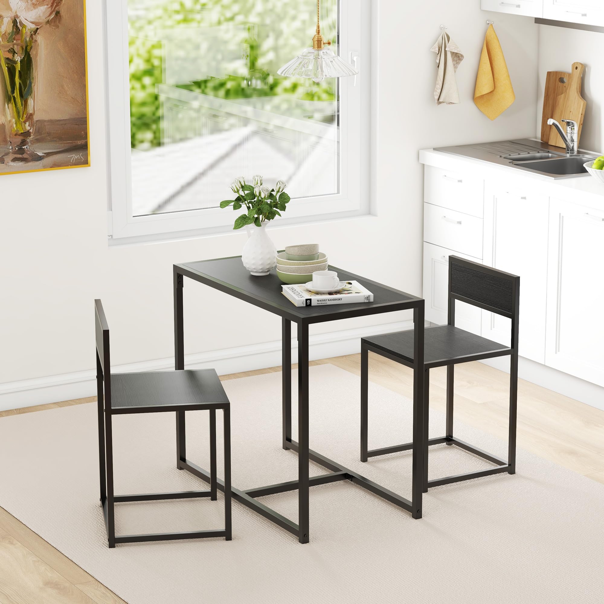 HOMCOM 3-Piece Industrial Dining Table Set for 2, Black Kitchen Table and Chairs, Small Space Dining Room Furniture for Apartments & Breakfast Nooks - Perfect for Compact Homes, Studios, and Cozy Meals