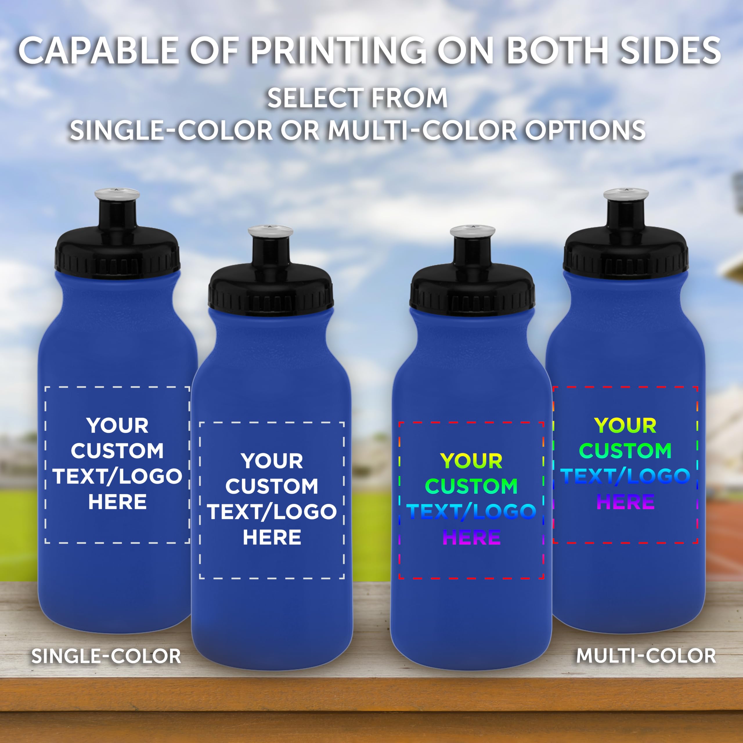 Custom 20 oz. Water Bottles with Push Cap - Bulk Pack of 100 Personalized Hydration Bottles - Ideal for Gym, Hiking, Camping & Outdoor Sports - Reflex Blue - Perfect for Team Events, Corporate Gifts & School Activities