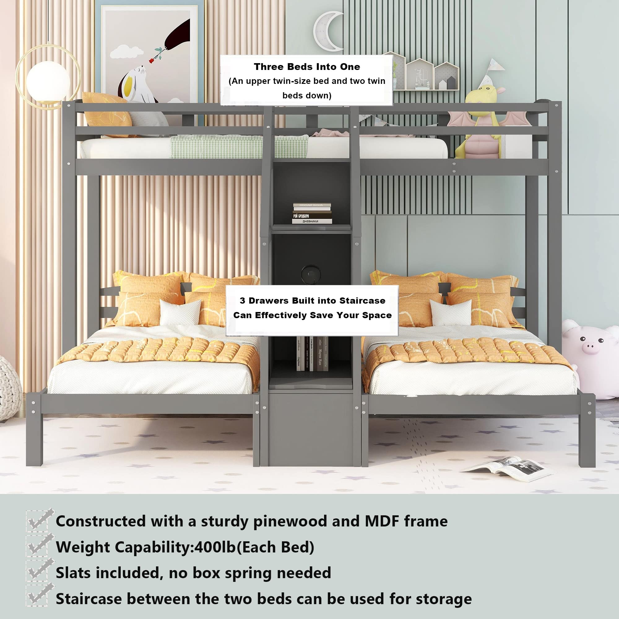 Harper & Bright Designs Triple Bunk Bed with Storage Staircase - Wood Twin Over Twin & Twin Bunk Bed Frame with Drawers & Shelves - 3-in-1 Space Saving Solution for Kids & Teens Bedroom - No Box Spring Needed (Grey) - Perfect for Small Rooms, Shared Kids' Bedrooms & Vacation Homes