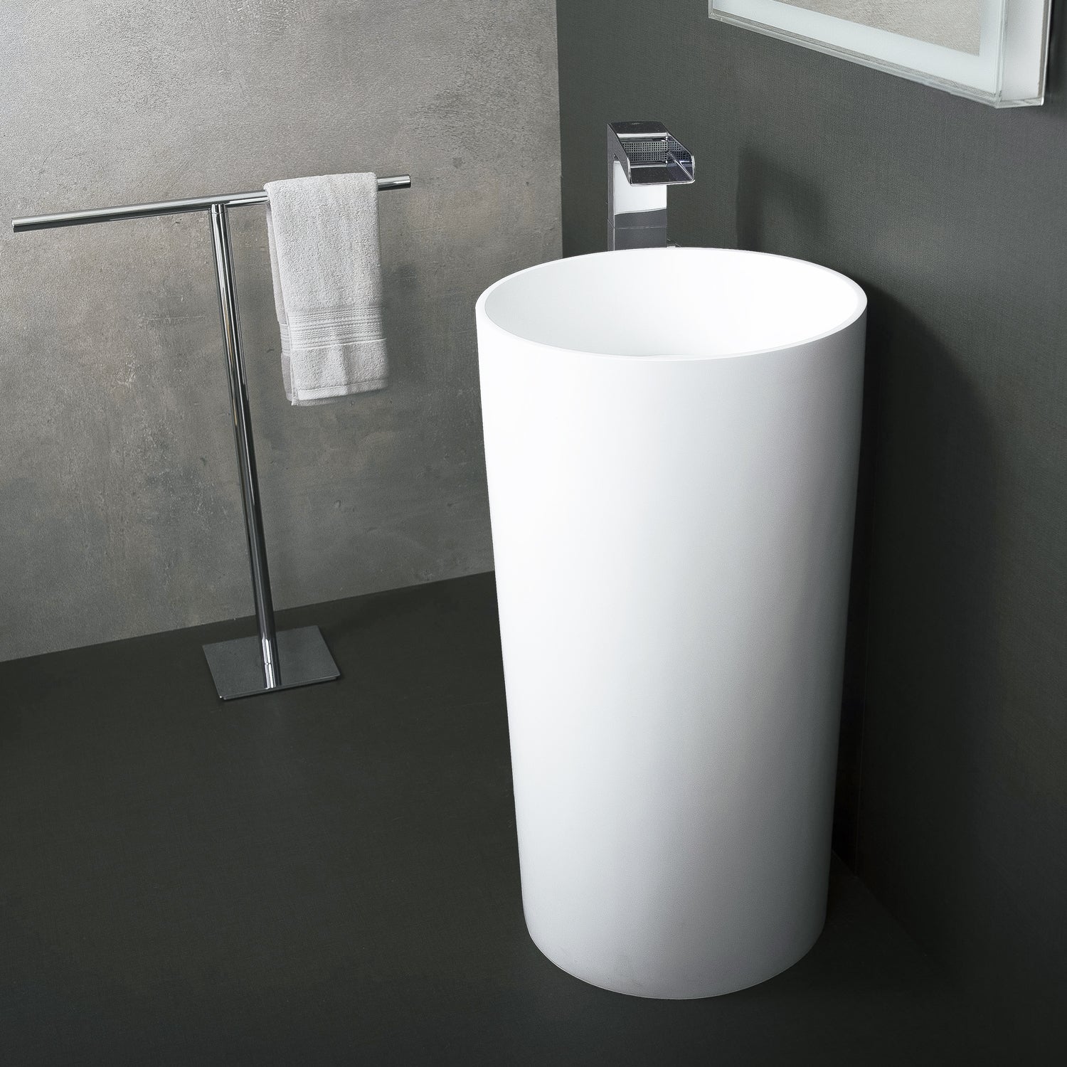 DAX Solid Surface Round Pedestal Freestanding Bathroom Sink - White Matte Finish - 17.75 x 17.75 x 32.875 Inches (DAX AB 1381) - Perfect for Modern Bathrooms, Powder Rooms & Small Spaces