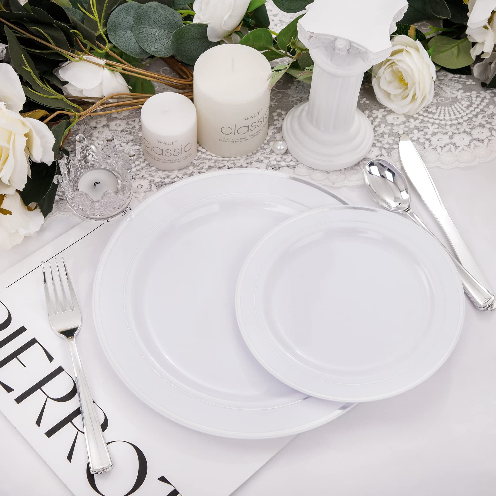 WELLIFE 200-Piece Silver Plastic Party Plates Set - Disposable Dinnerware for Events, Includes 40 Dinner Plates, 40 Dessert Plates & 40 Silver Plastic Cutlery - Perfect for Weddings, Birthdays & Catering Events