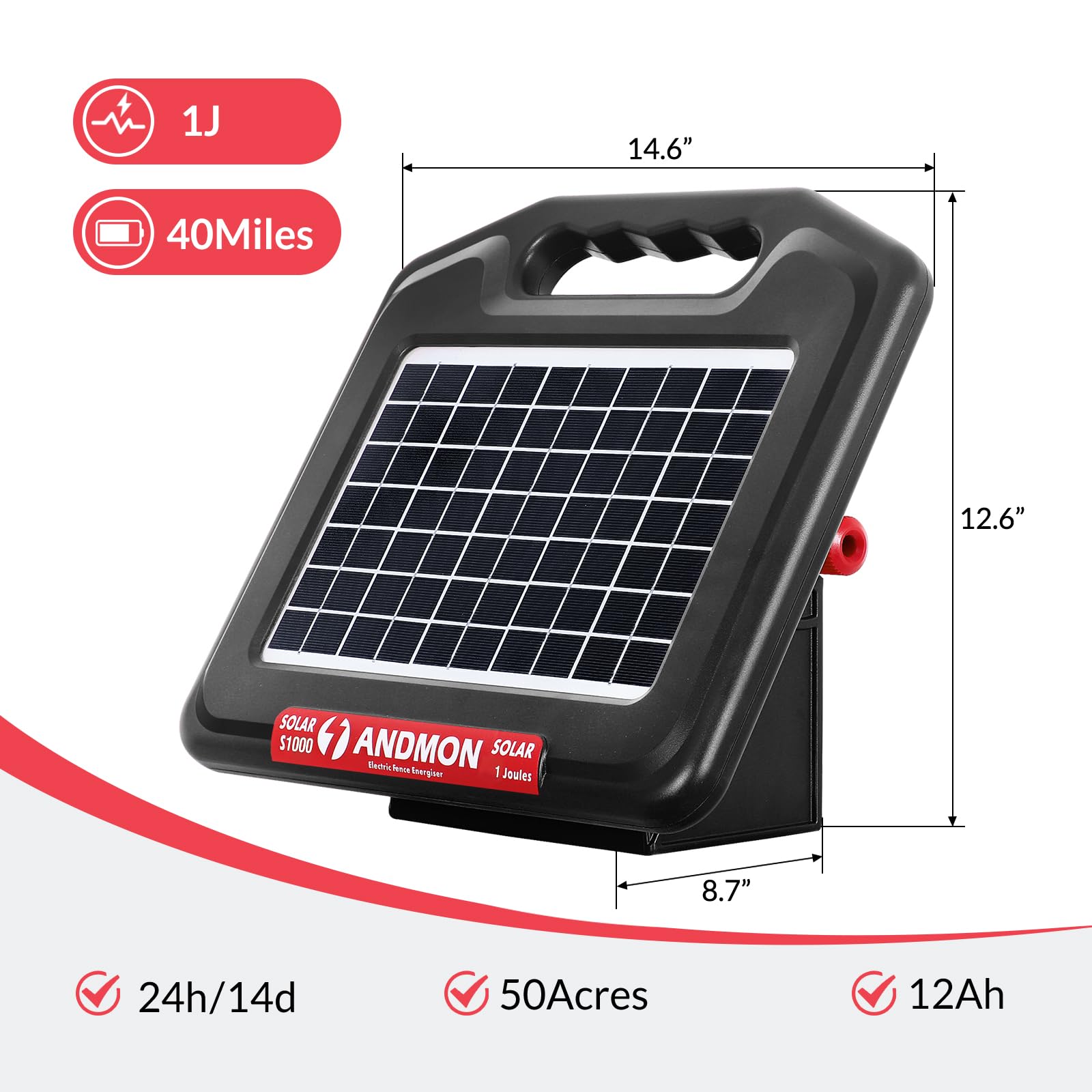 S1000 1 Joule Solar Fence Charger - 40 Mile Electric Fence Energizer for Livestock, Horses, Cattle & Sheep | Portable, Weatherproof & Durable | Ideal for Pastures, Farms & Ranch Security