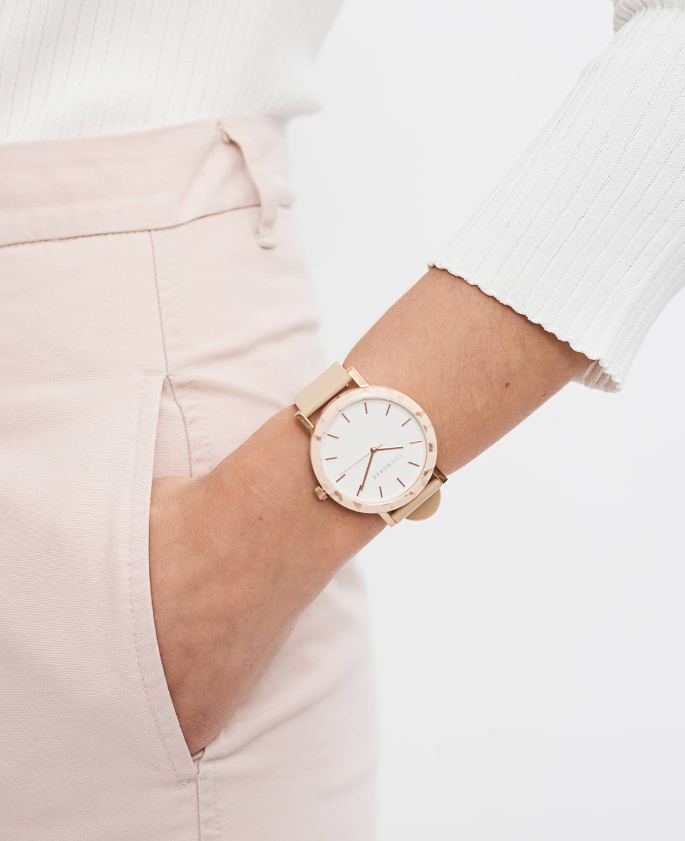 Peach Speckle Resin Watch Case - White Dial with Rose Gold Indexing & Vegetable Tan Leather Strap - Perfect for Casual, Office & Special Occasions