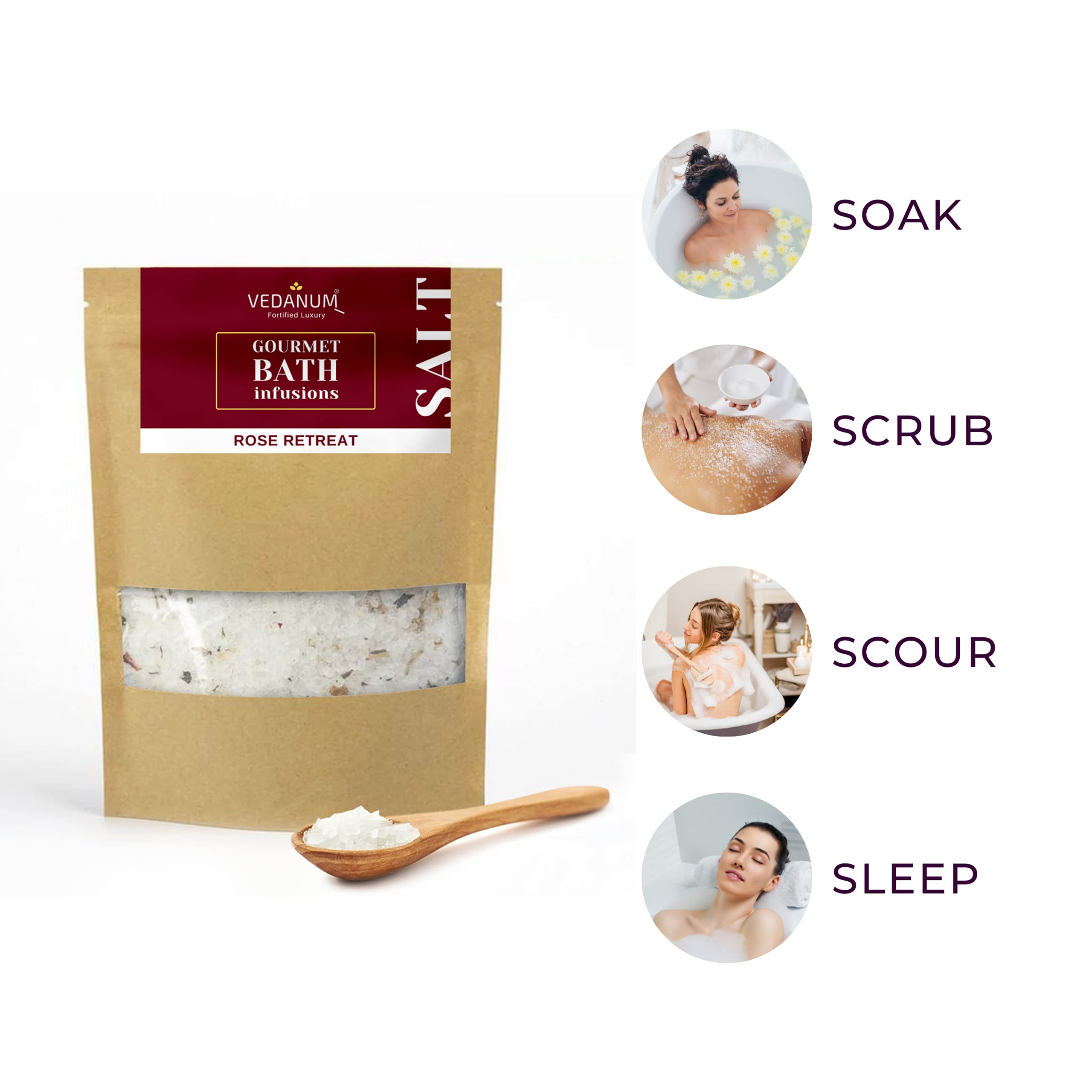 Vedanum Gourmet Aromatherapy Bath Salt with Pure Epsom Salt & Himalayan Pink Salt | Rose Water Infused for Muscle Relief, Acne Treatment & Pain Relief | Relaxing Mineral Foot Soak & Stress Relief for Spa, Home Bath & Self-Care Rituals