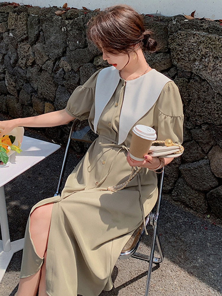 Elegant Black Lace-Up Bowknot Midi Dress for Women - Sailor Collar, Puff Short Sleeve, High Waist Summer Dress | Perfect for Beach Vacations, Date Nights & Special Occasions