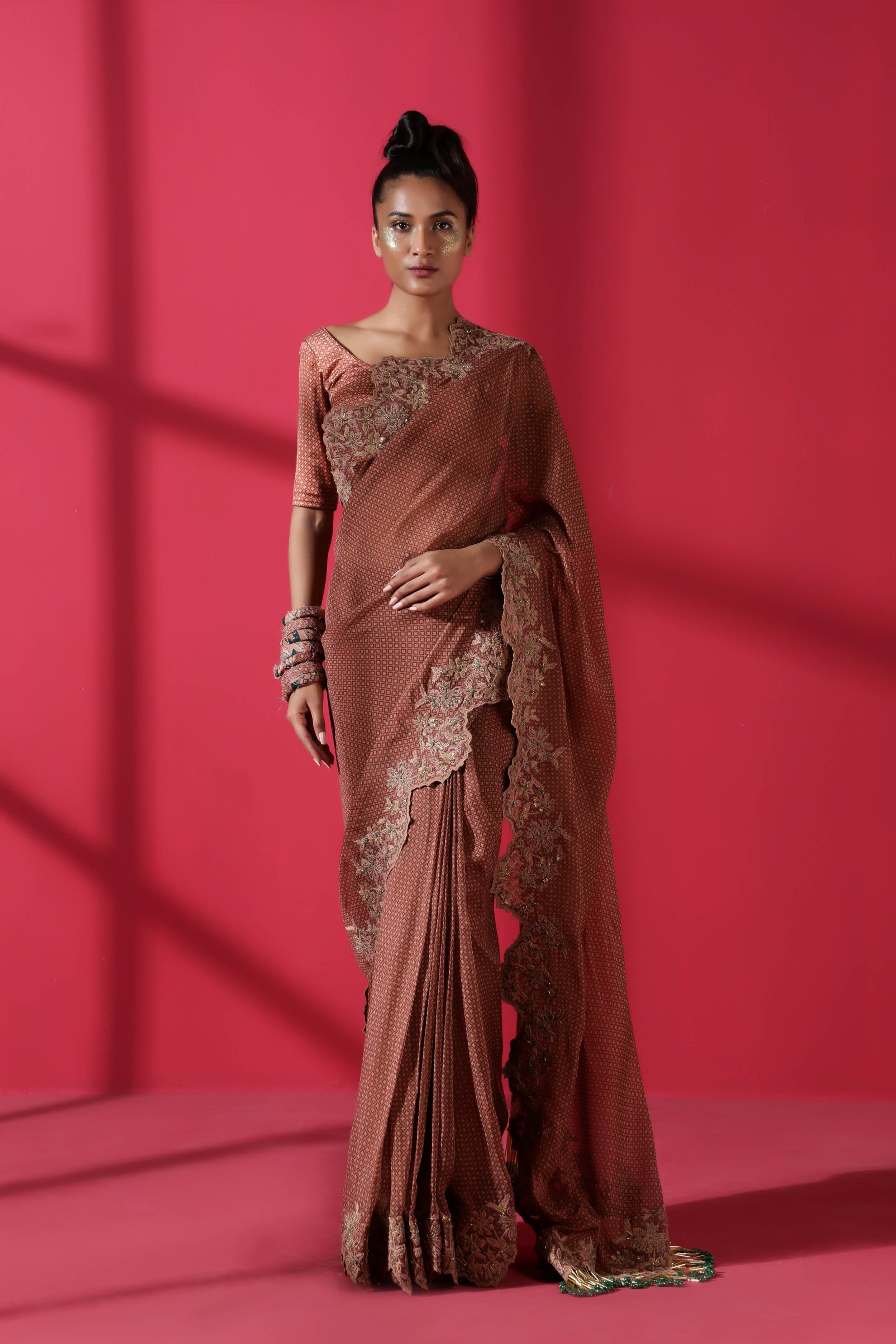 Terracotta Tile Print Two Piece Prepleated Saree with Organic Cotton Satin Blouse - Elegant Indian Ethnic Wear for Weddings & Festive Occasions